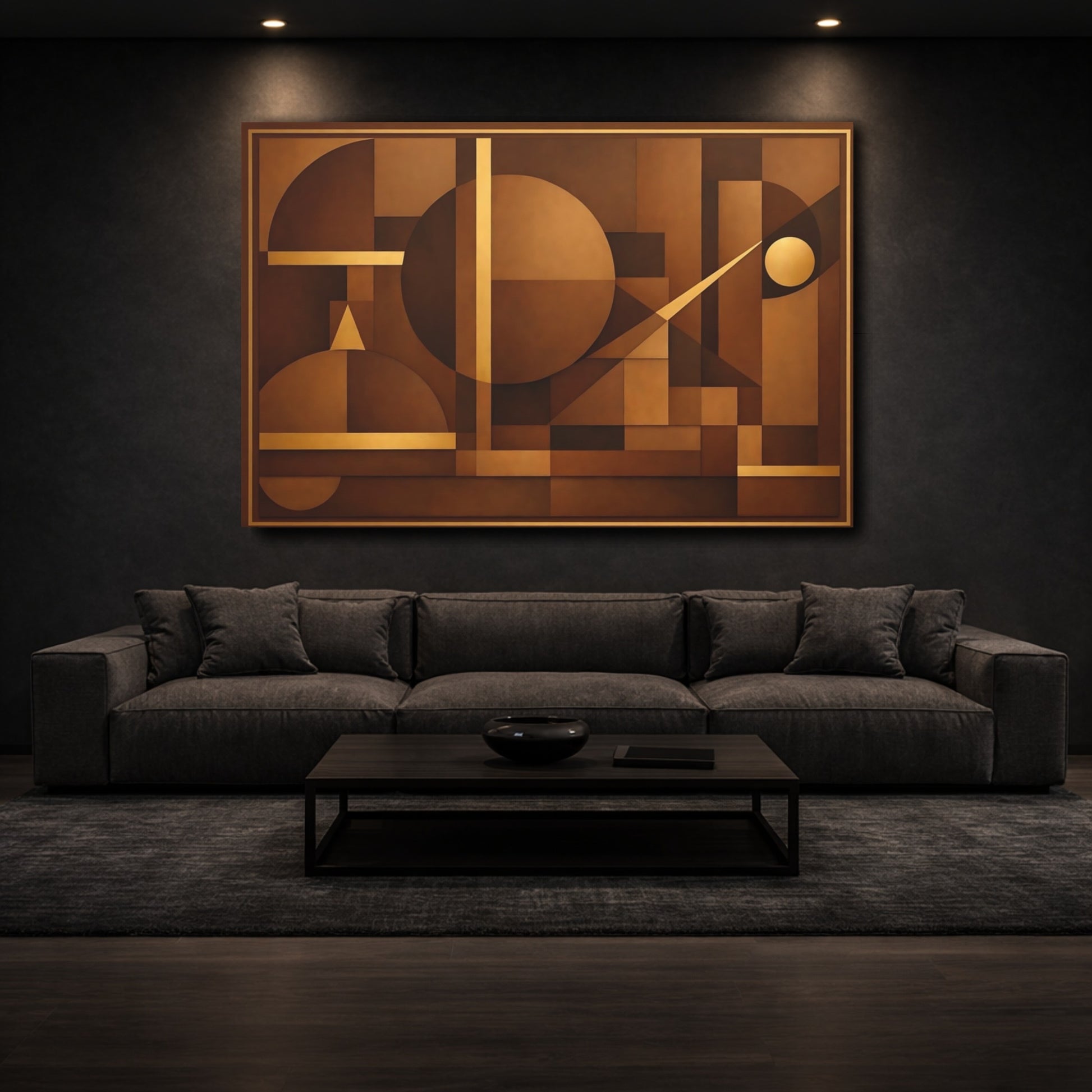Mockup 2. Abstract Geometric Shapes Brown And Gold shown as stretched canvas wall art