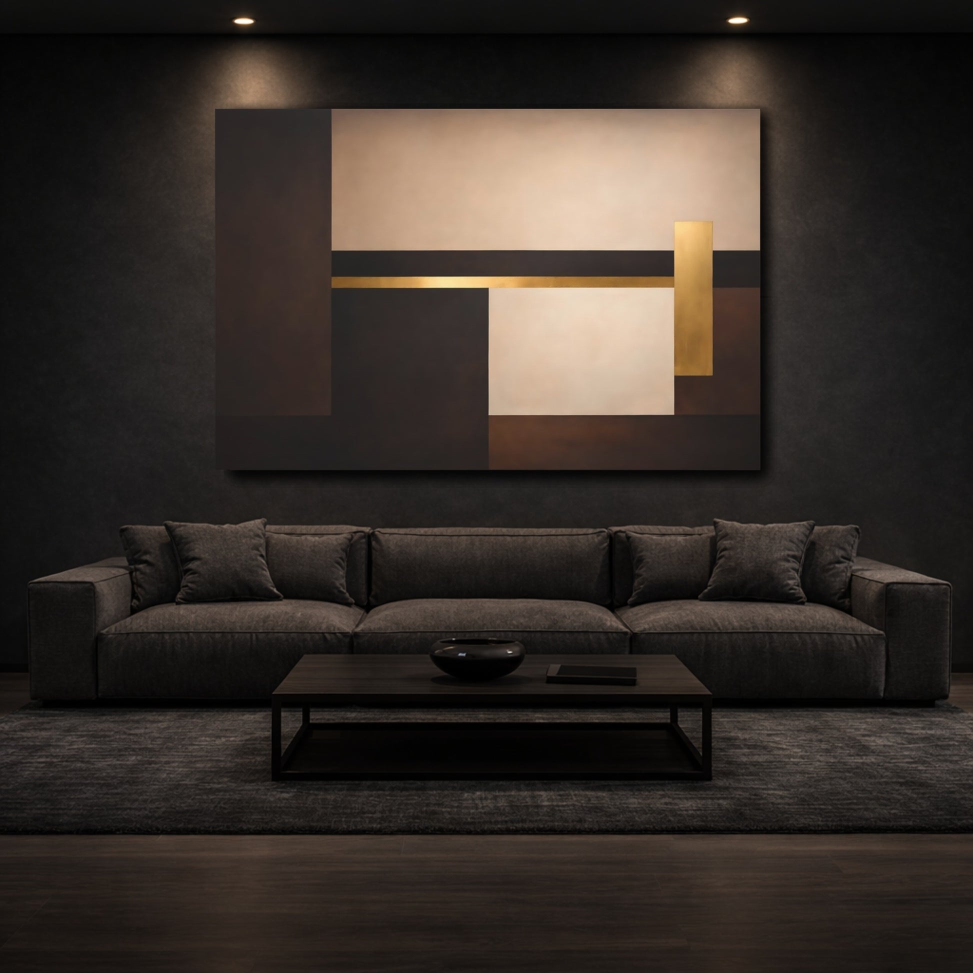 Mockup 2. Abstract Geometric Shapes Brown And Gold shown as stretched canvas wall art