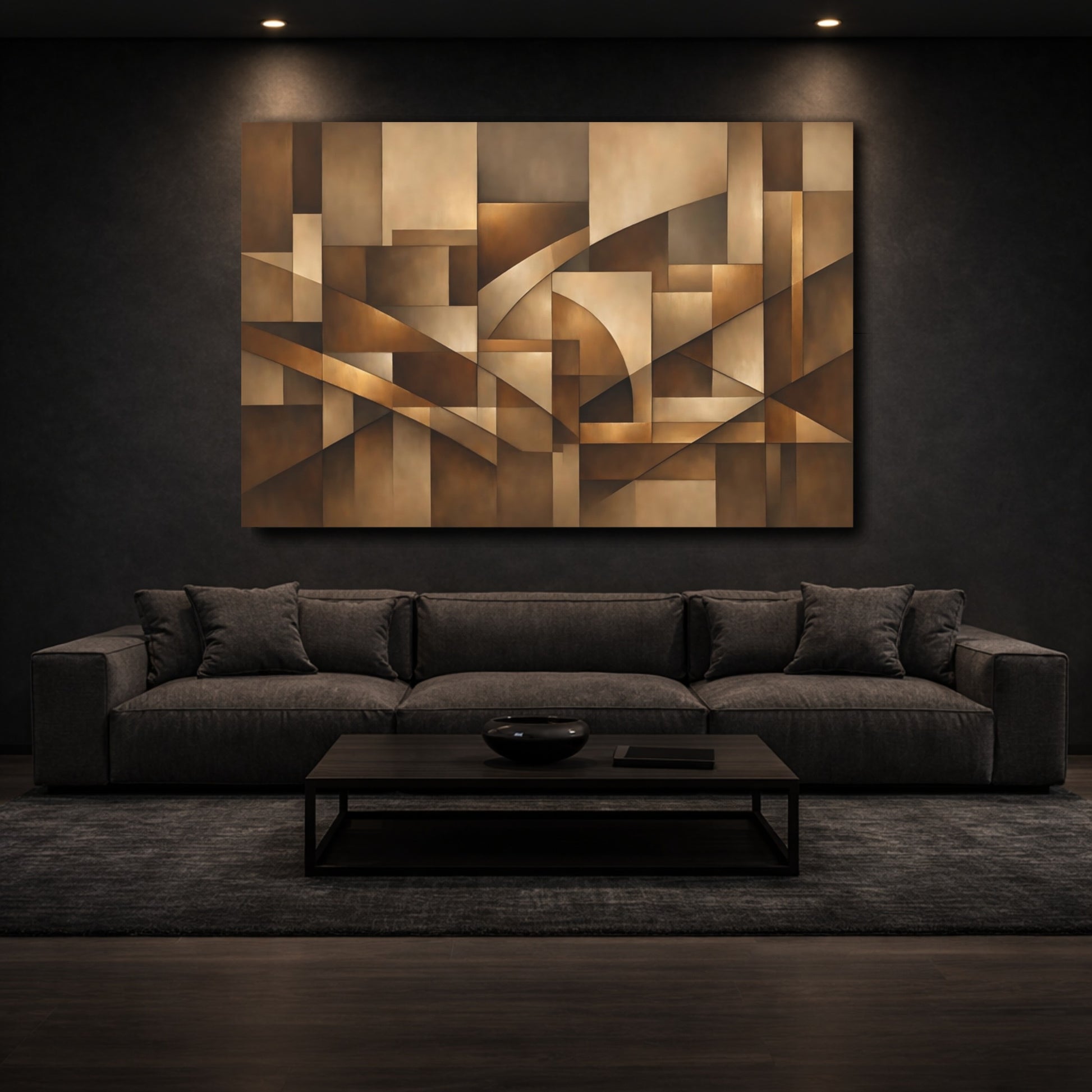 Mockup 2. Abstract Geometric Shapes Brown And Gold shown as stretched canvas wall art