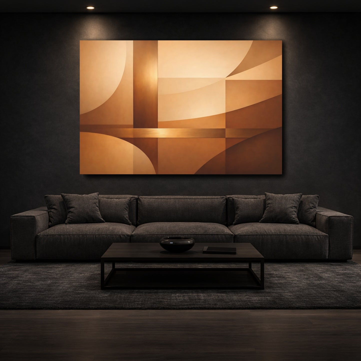 Mockup 2. Abstract Geometric Shapes Brown And Gold shown as stretched canvas wall art