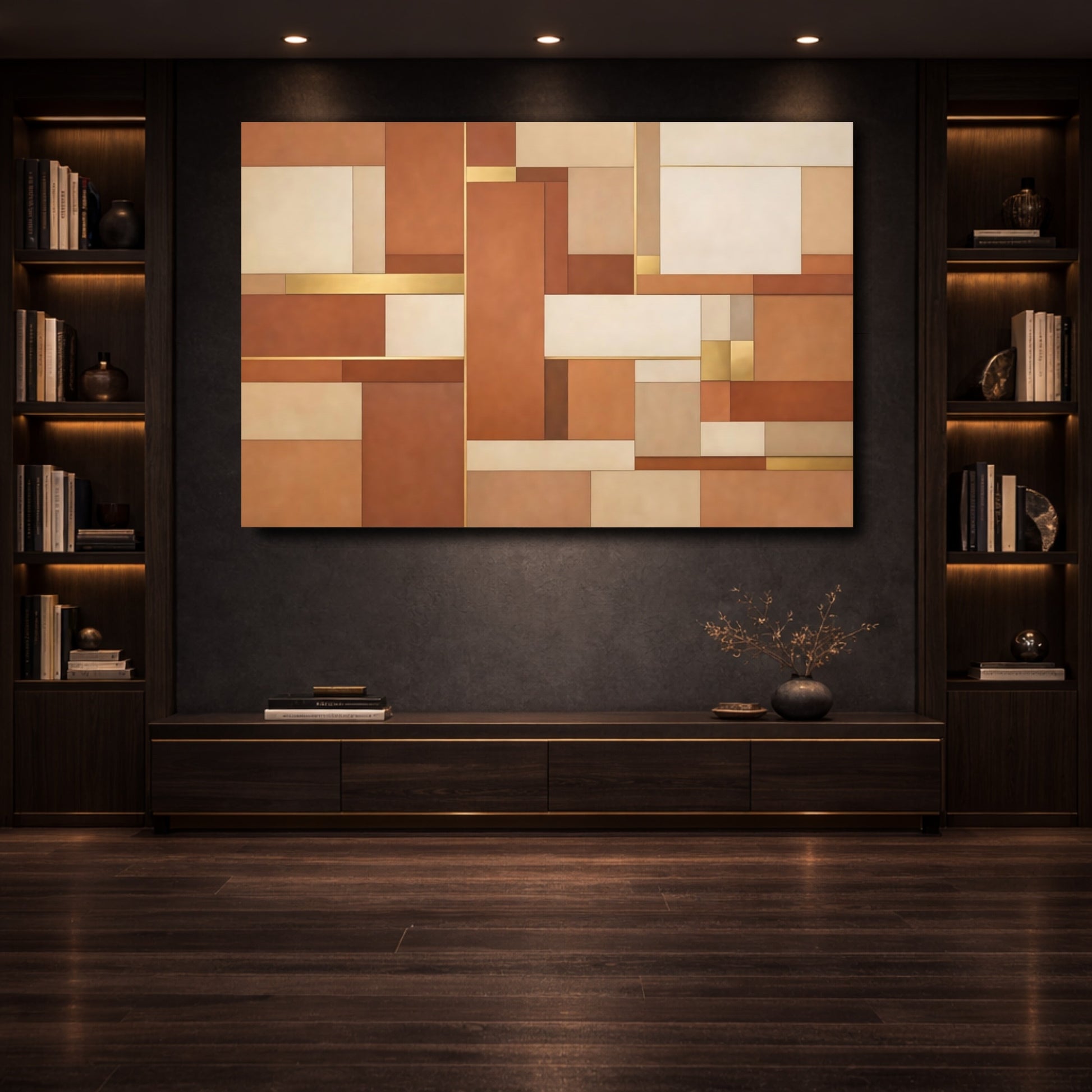 Mockup 3. Abstract Geometric Shapes Brown And Gold shown as stretched canvas wall art