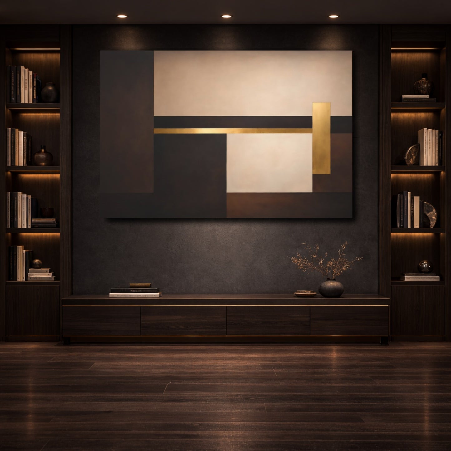 Mockup 3. Abstract Geometric Shapes Brown And Gold shown as stretched canvas wall art