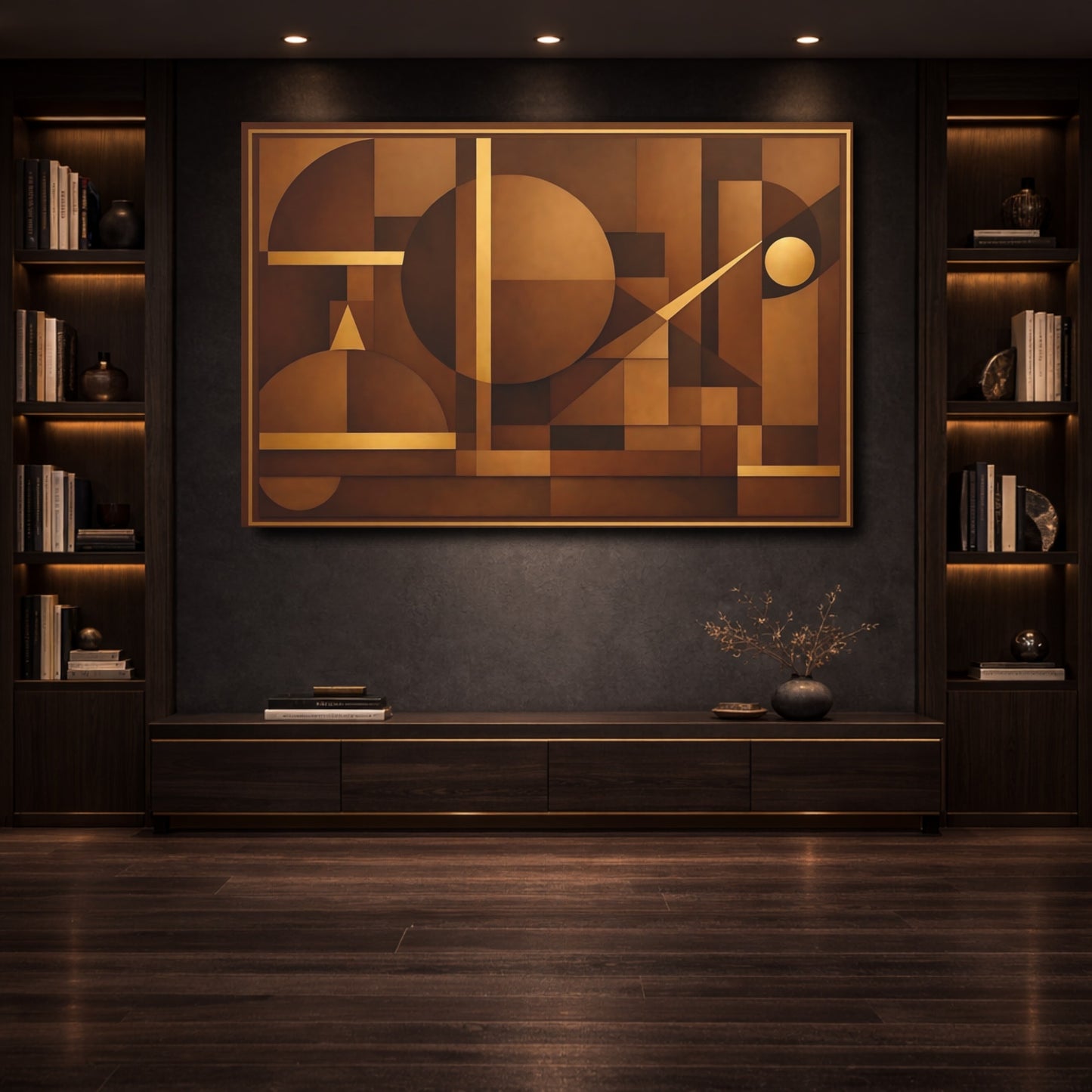 Mockup 3. Abstract Geometric Shapes Brown And Gold shown as stretched canvas wall art