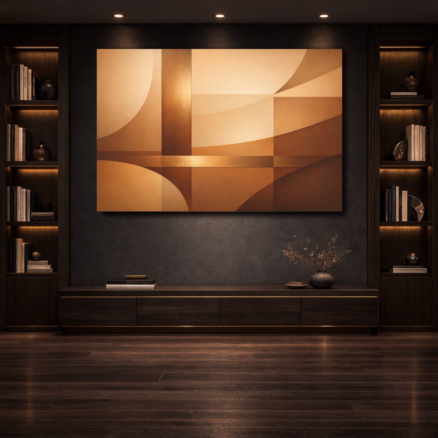 Mockup 3. Abstract Geometric Shapes Brown And Gold shown as stretched canvas wall art