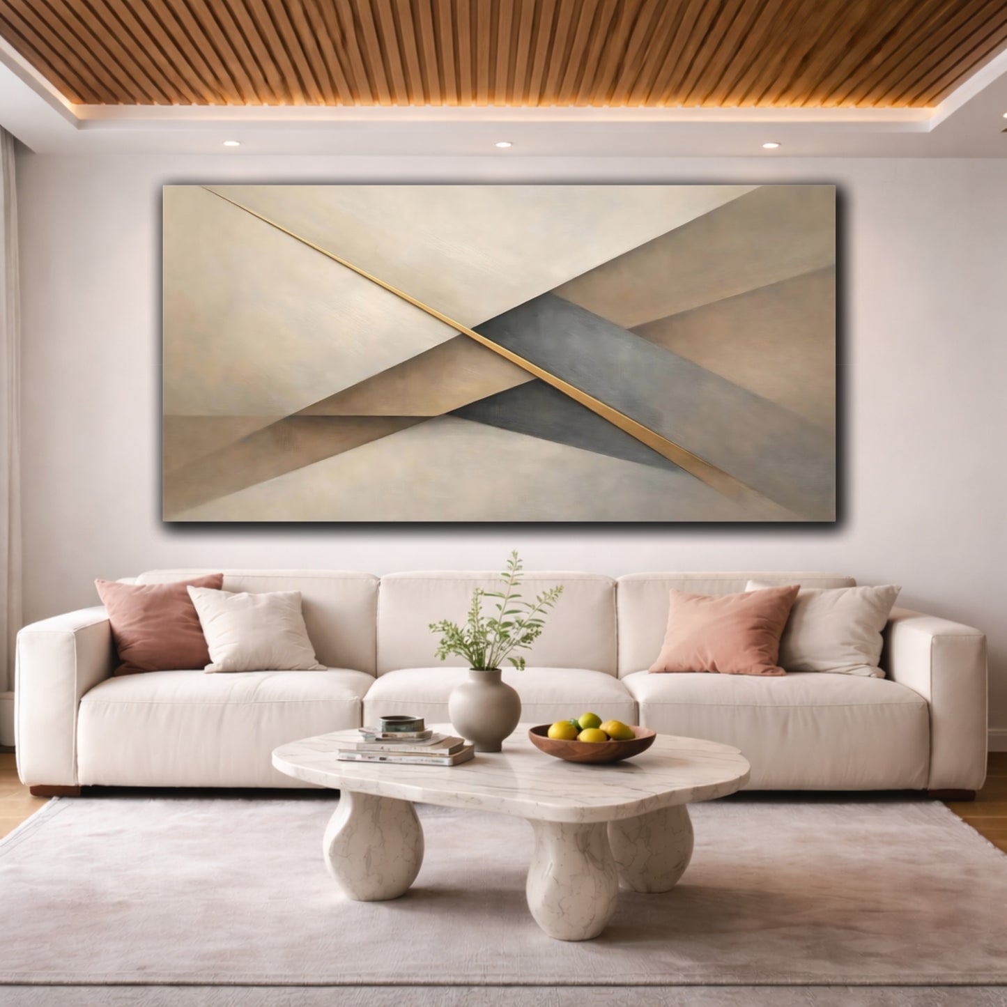 Mockup 3. Abstract Geometric Shapes Brown And Gold shown as stretched canvas wall art