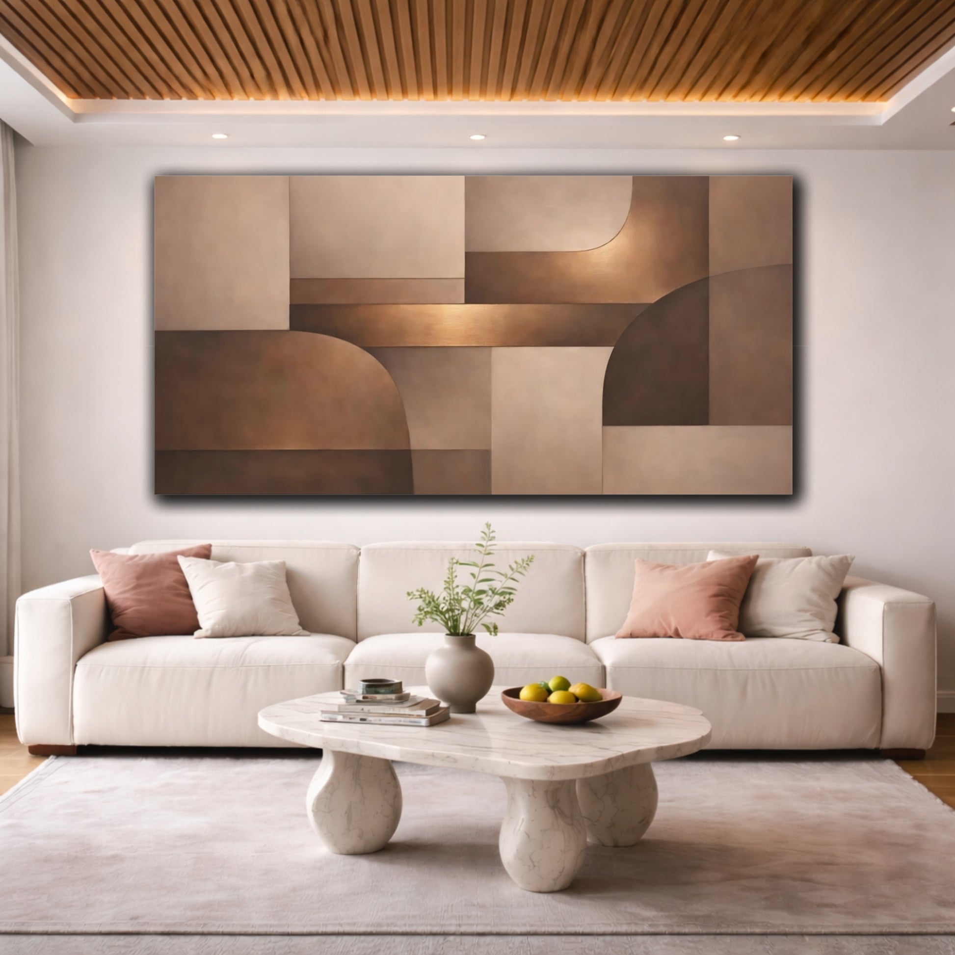 Mockup 3. Abstract Geometric Shapes Brown And Gold shown as stretched canvas wall art