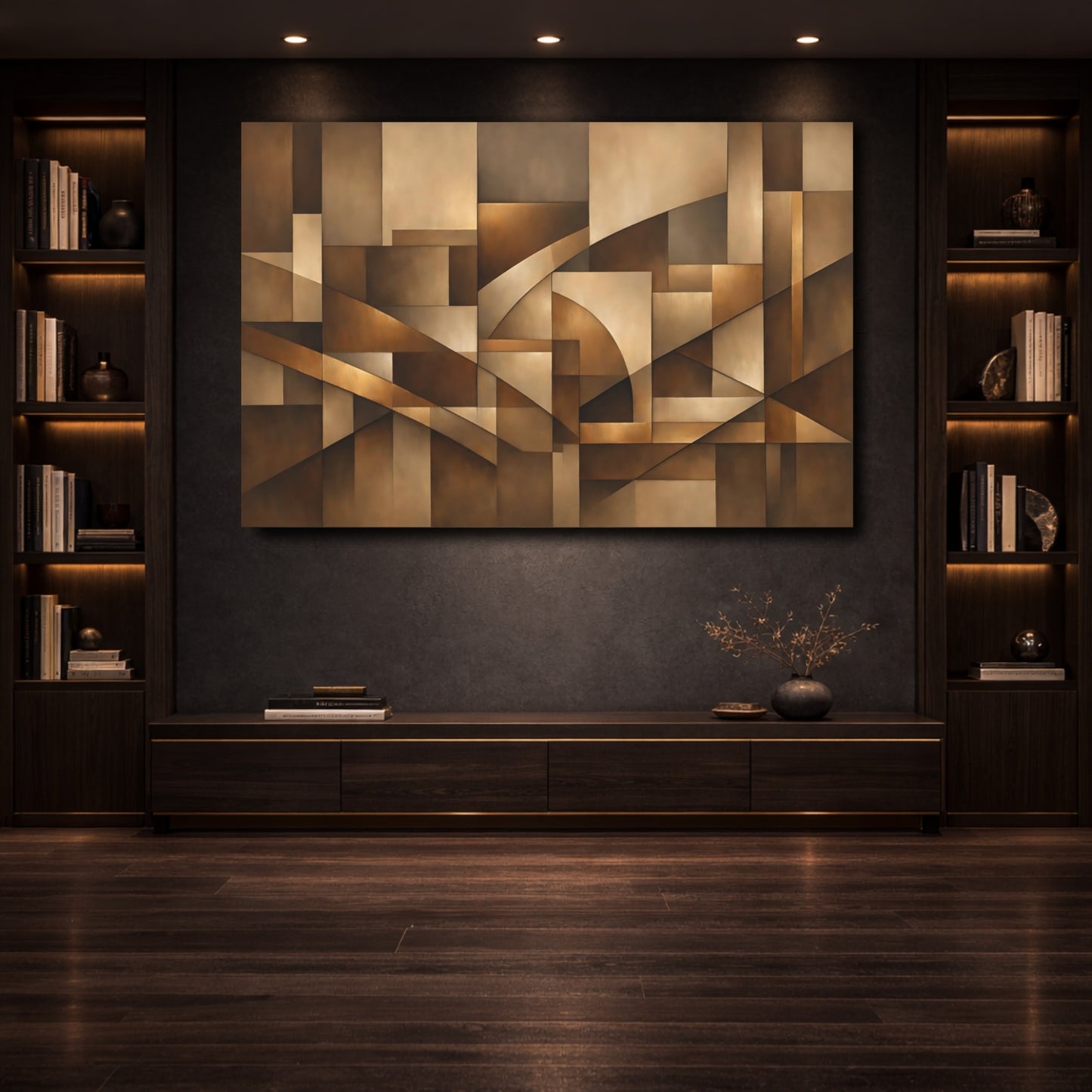 Mockup 3. Abstract Geometric Shapes Brown And Gold shown as stretched canvas wall art