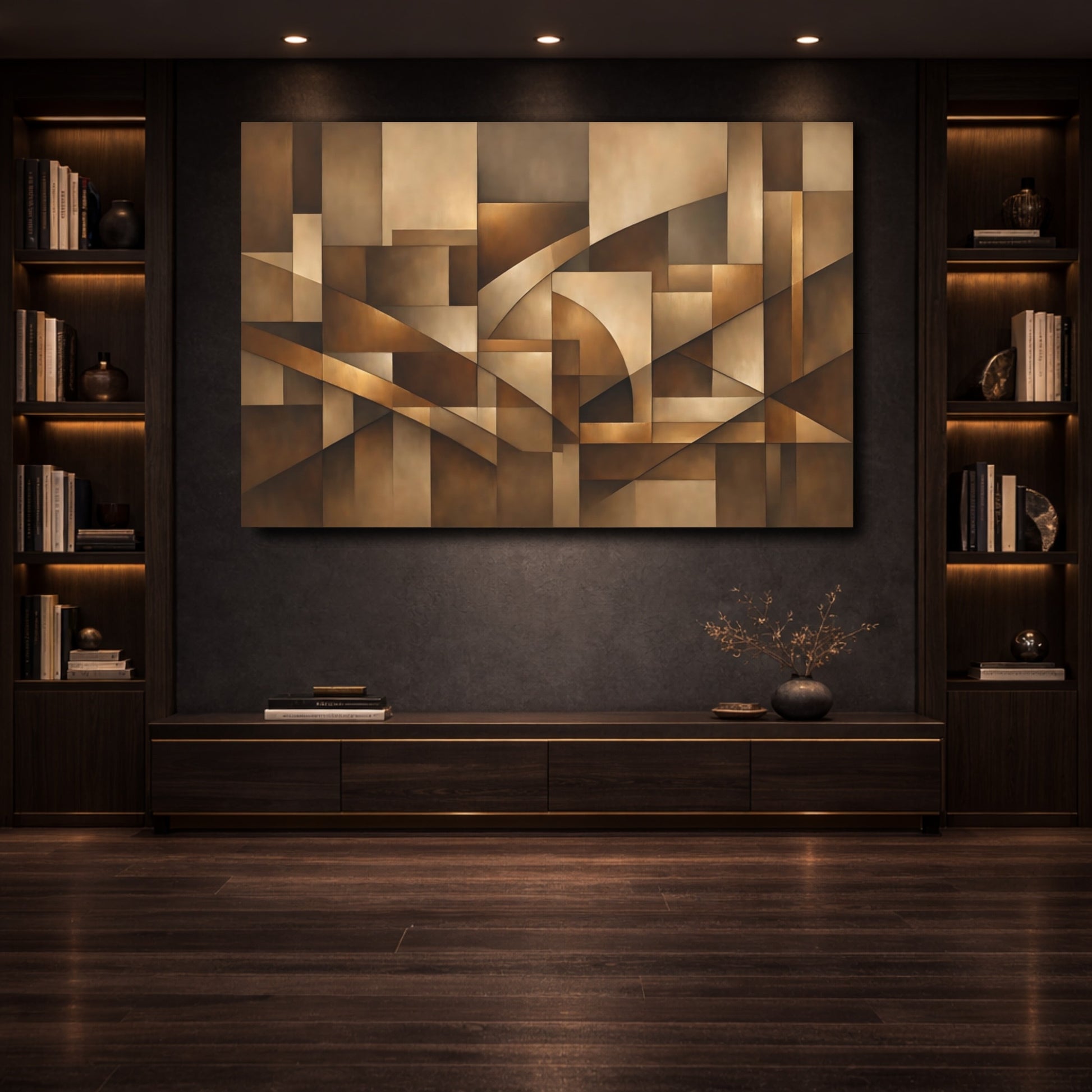 Mockup 3. Abstract Geometric Shapes Brown And Gold shown as stretched canvas wall art