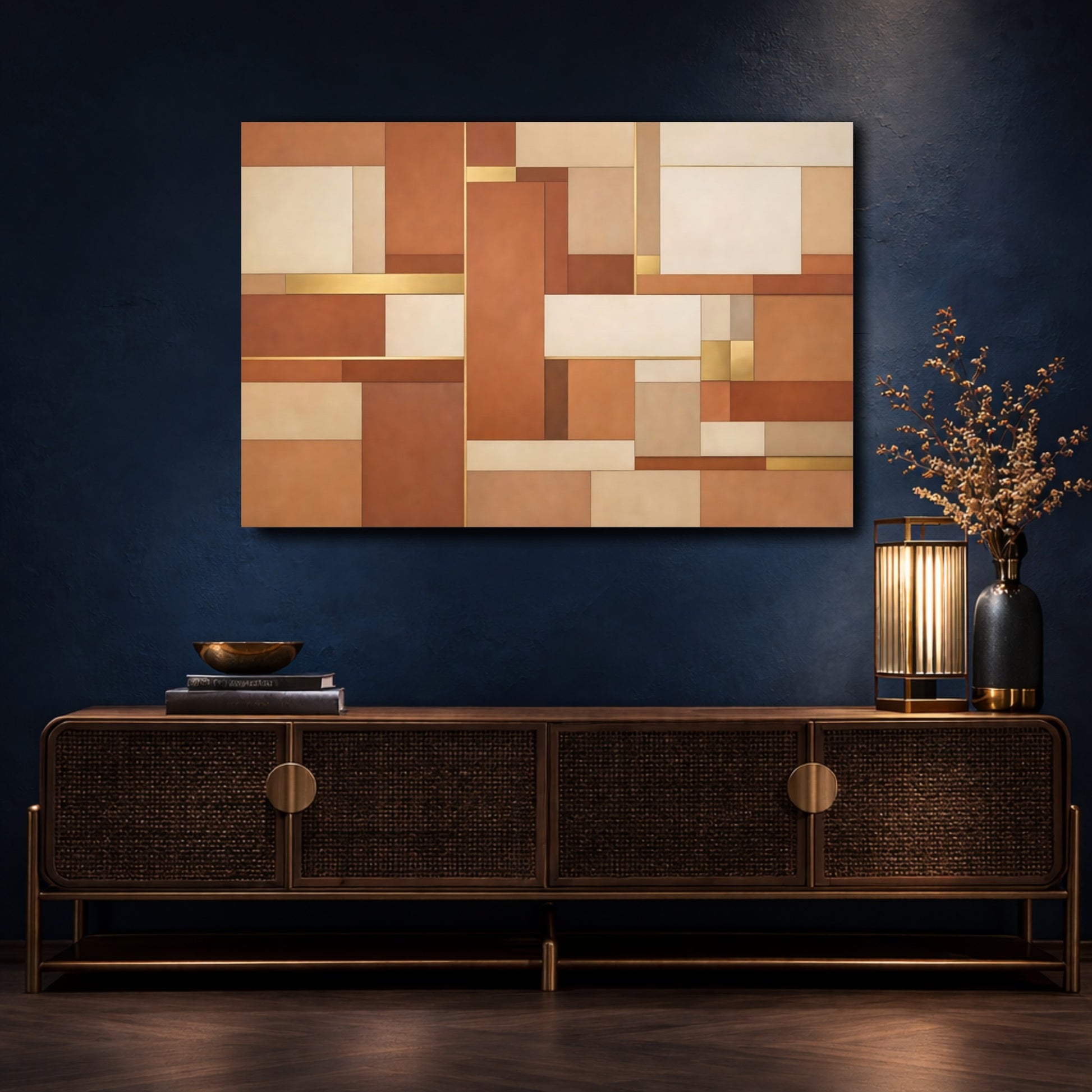Mockup 4. Abstract Geometric Shapes Brown And Gold shown as stretched canvas wall art