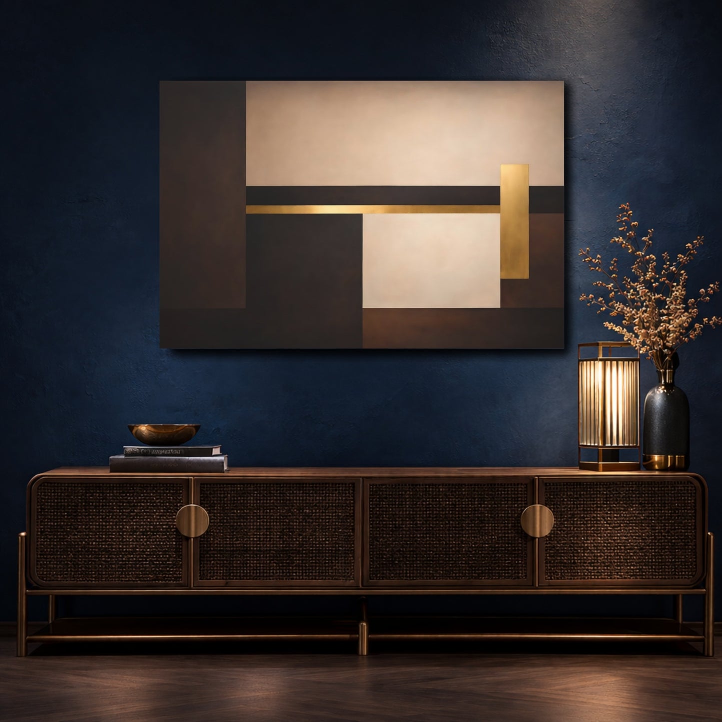 Mockup 4. Abstract Geometric Shapes Brown And Gold shown as stretched canvas wall art