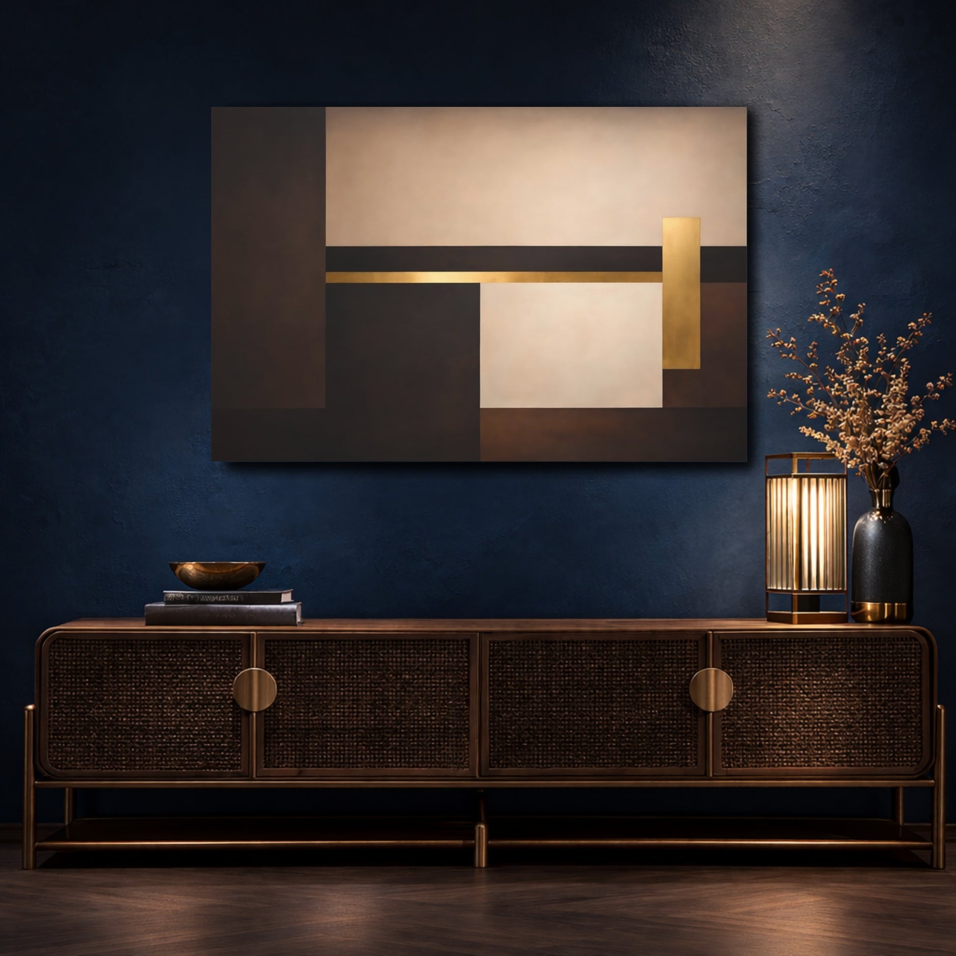 Mockup 4. Abstract Geometric Shapes Brown And Gold shown as stretched canvas wall art