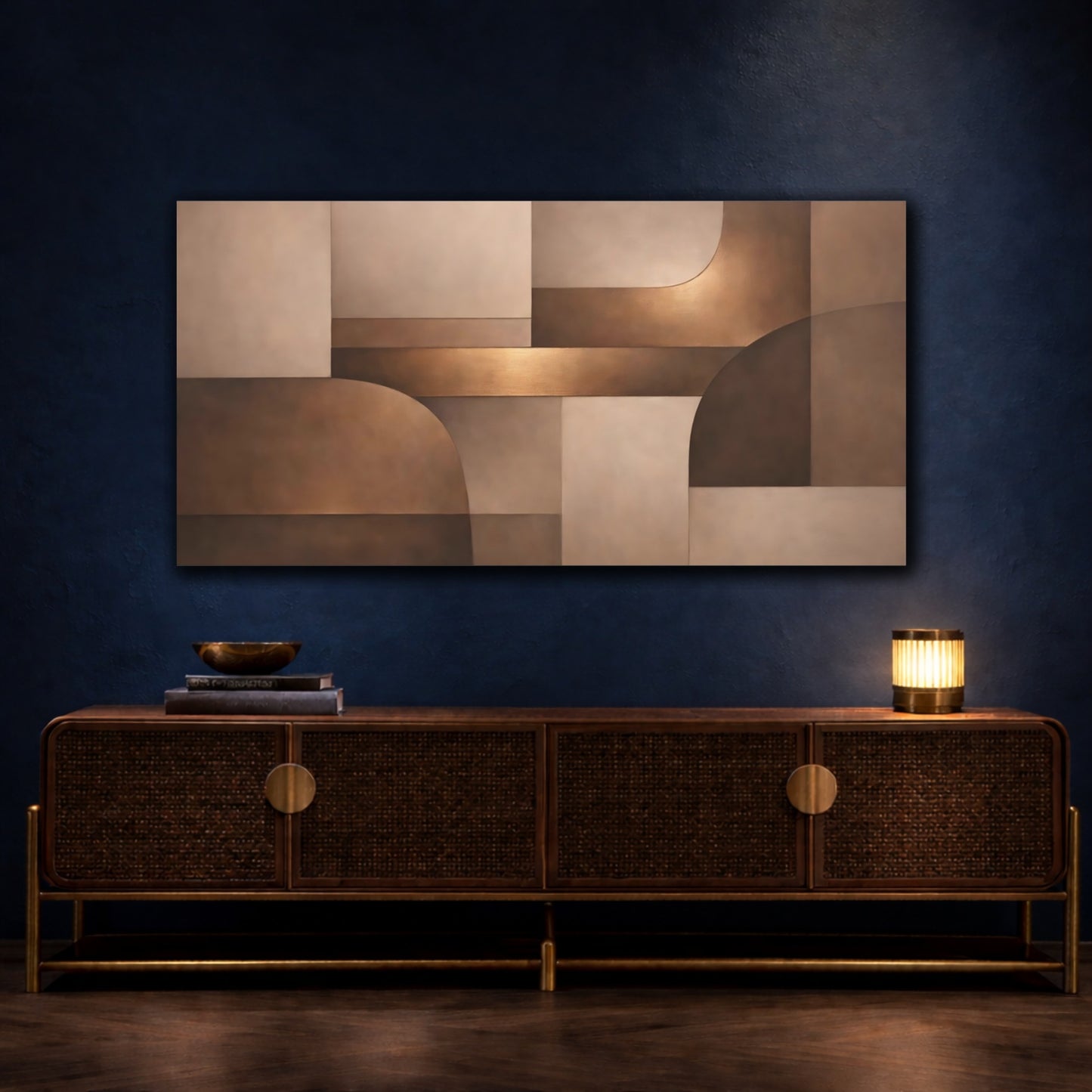 Mockup 4. Abstract Geometric Shapes Brown And Gold shown as stretched canvas wall art