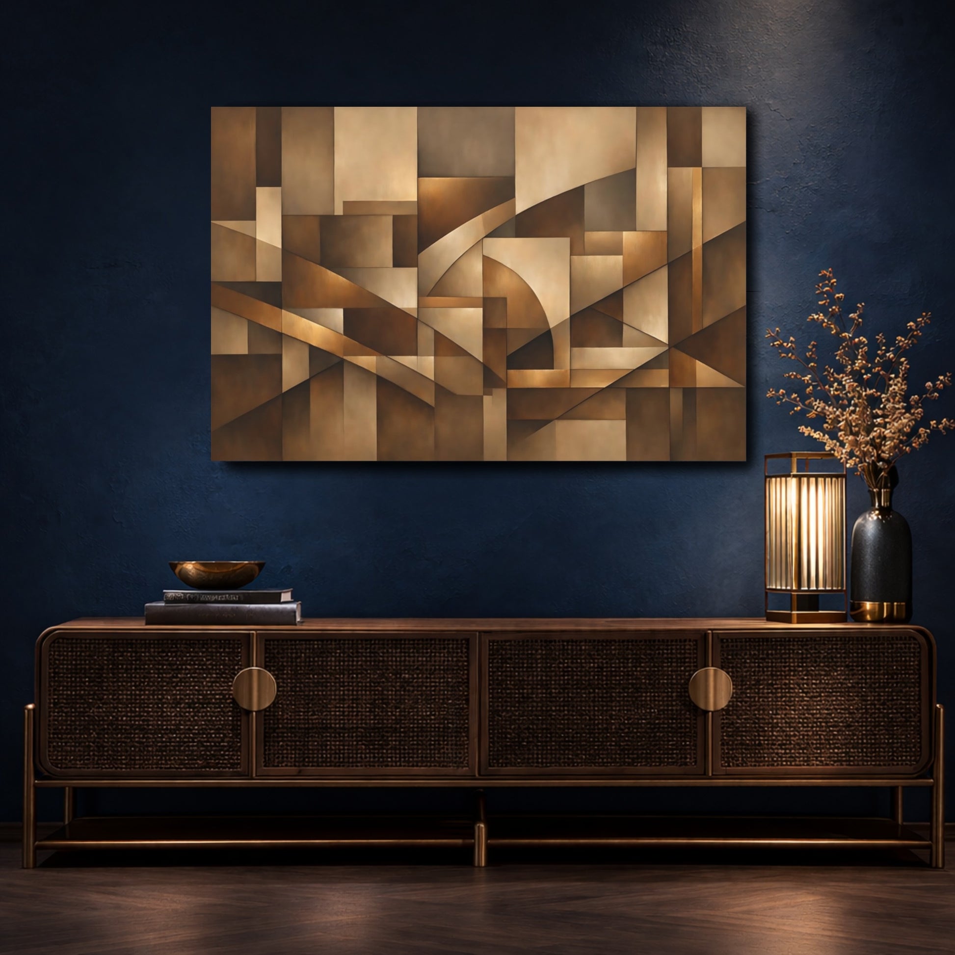 Mockup 4. Abstract Geometric Shapes Brown And Gold shown as stretched canvas wall art