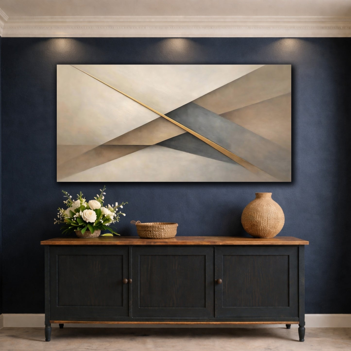 Mockup 4. Abstract Geometric Shapes Brown And Gold shown as stretched canvas wall art