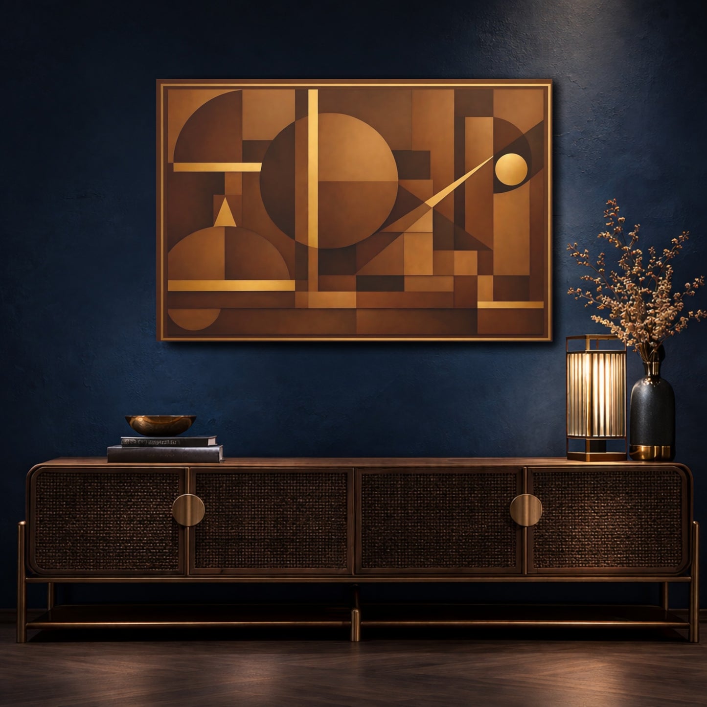 Mockup 4. Abstract Geometric Shapes Brown And Gold shown as stretched canvas wall art