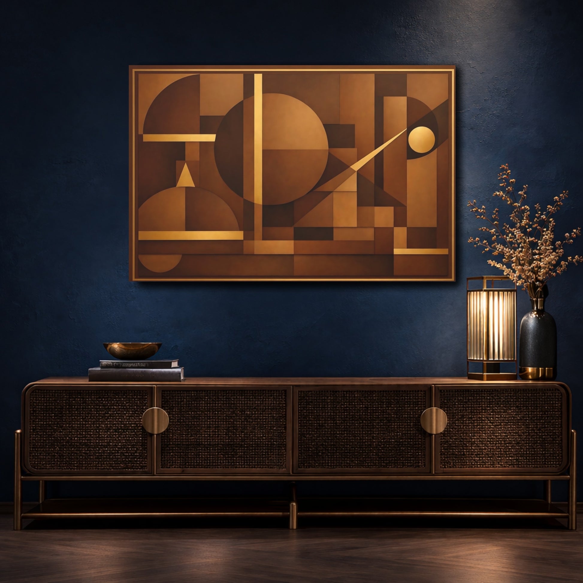 Mockup 4. Abstract Geometric Shapes Brown And Gold shown as stretched canvas wall art