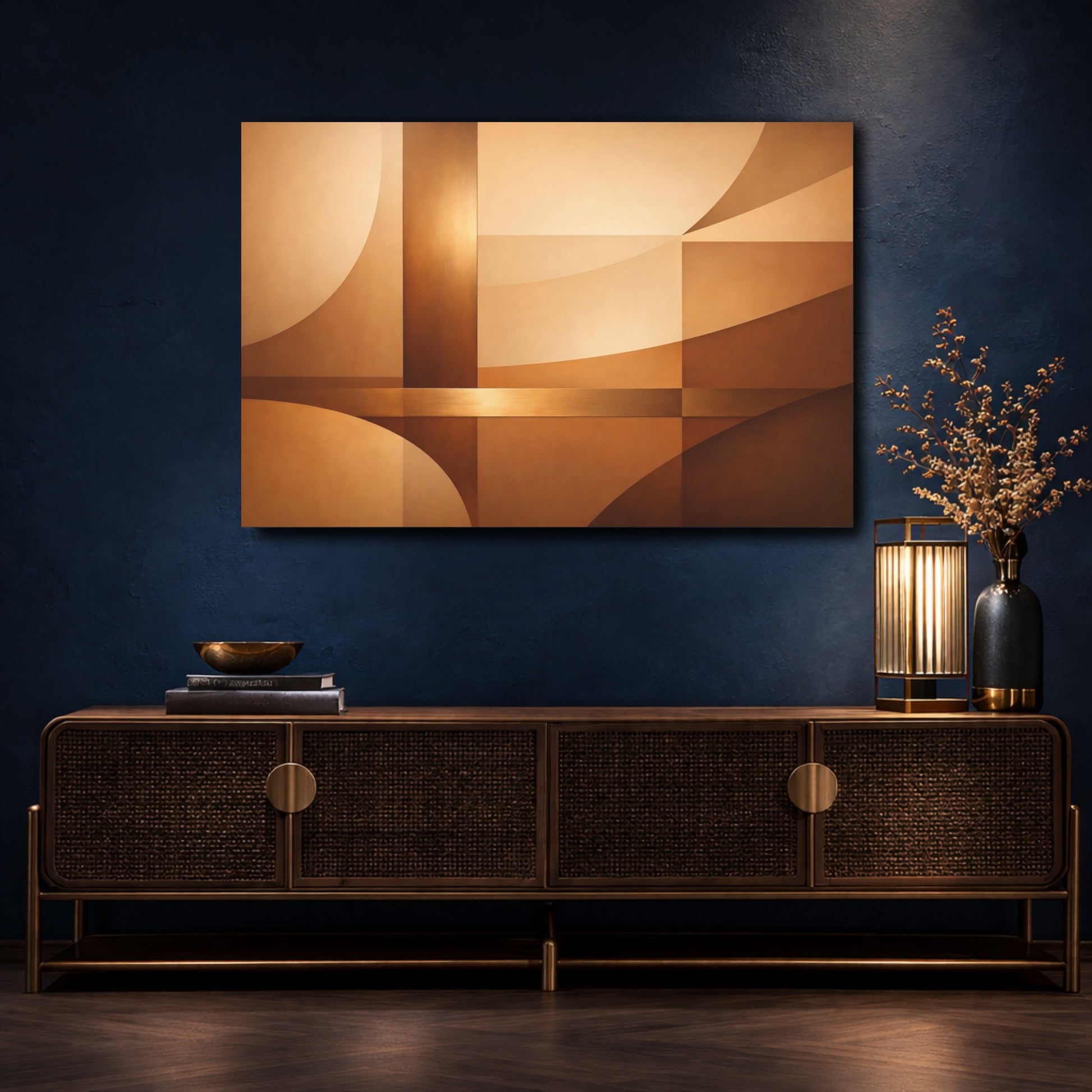 Mockup 4. Abstract Geometric Shapes Brown And Gold shown as stretched canvas wall art