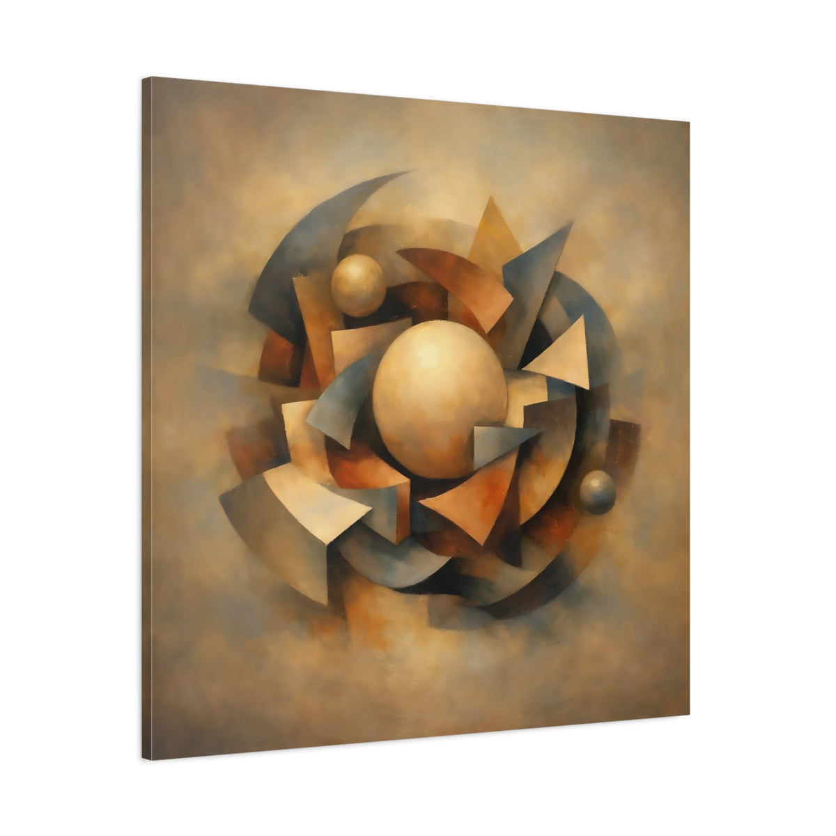 Main Mockup. Abstract Geometric Shapes Brown And Gray shown as stretched canvas wall art