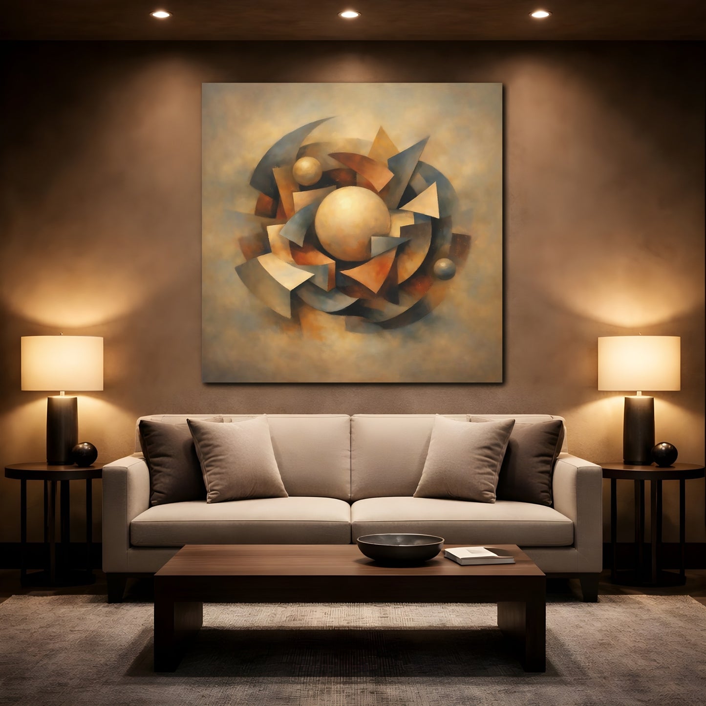 Mockup 2. Abstract Geometric Shapes Brown And Gray shown as stretched canvas wall art