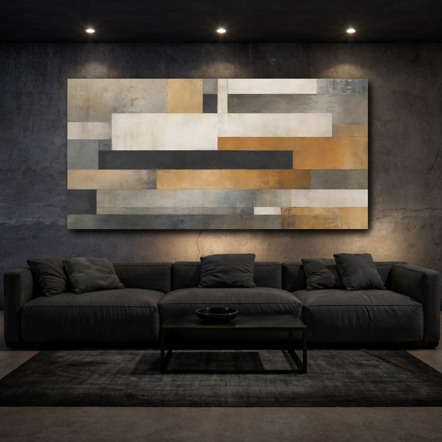 Mockup 2. Abstract Geometric Shapes Brown And Gray shown as stretched canvas wall art