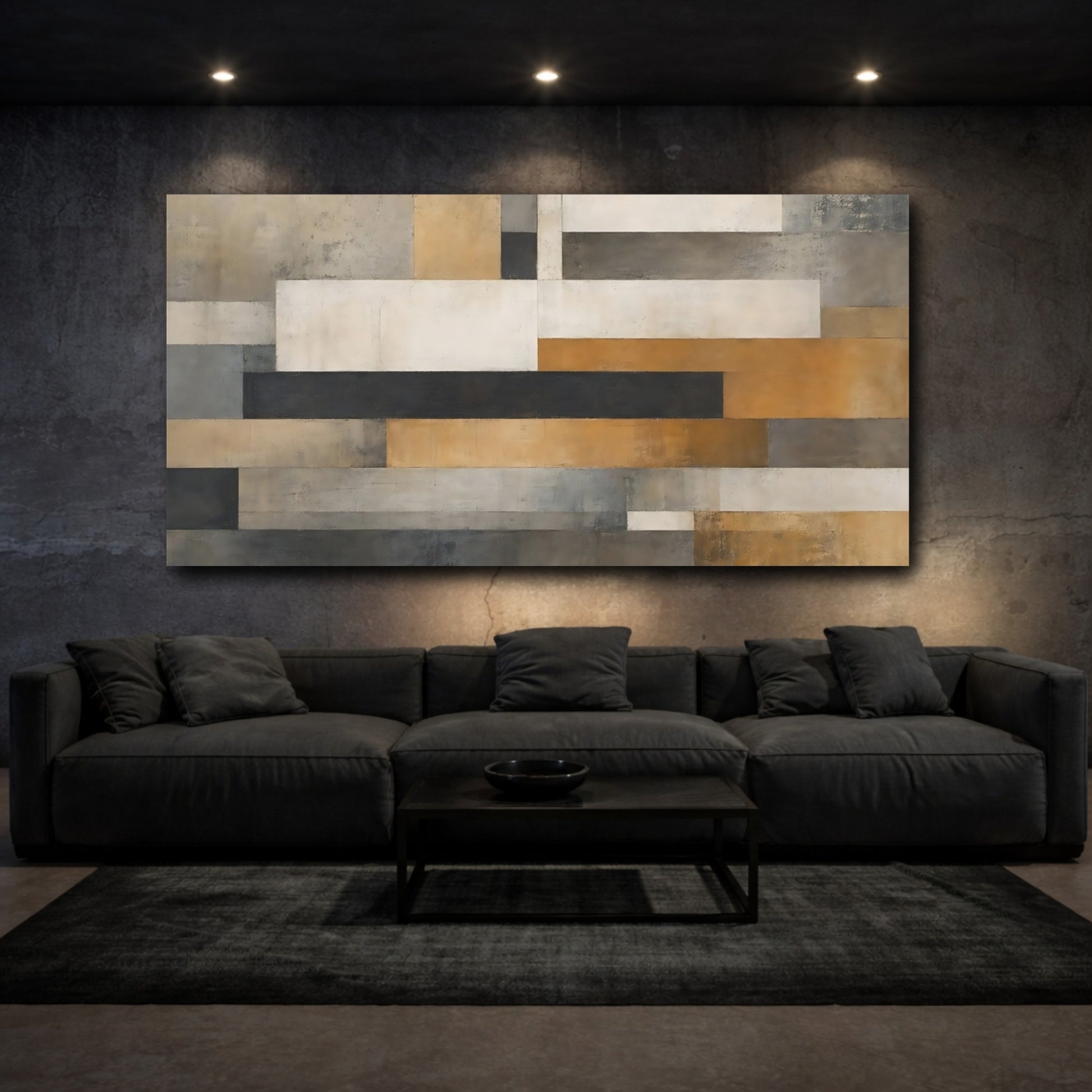 Mockup 2. Abstract Geometric Shapes Brown And Gray shown as stretched canvas wall art