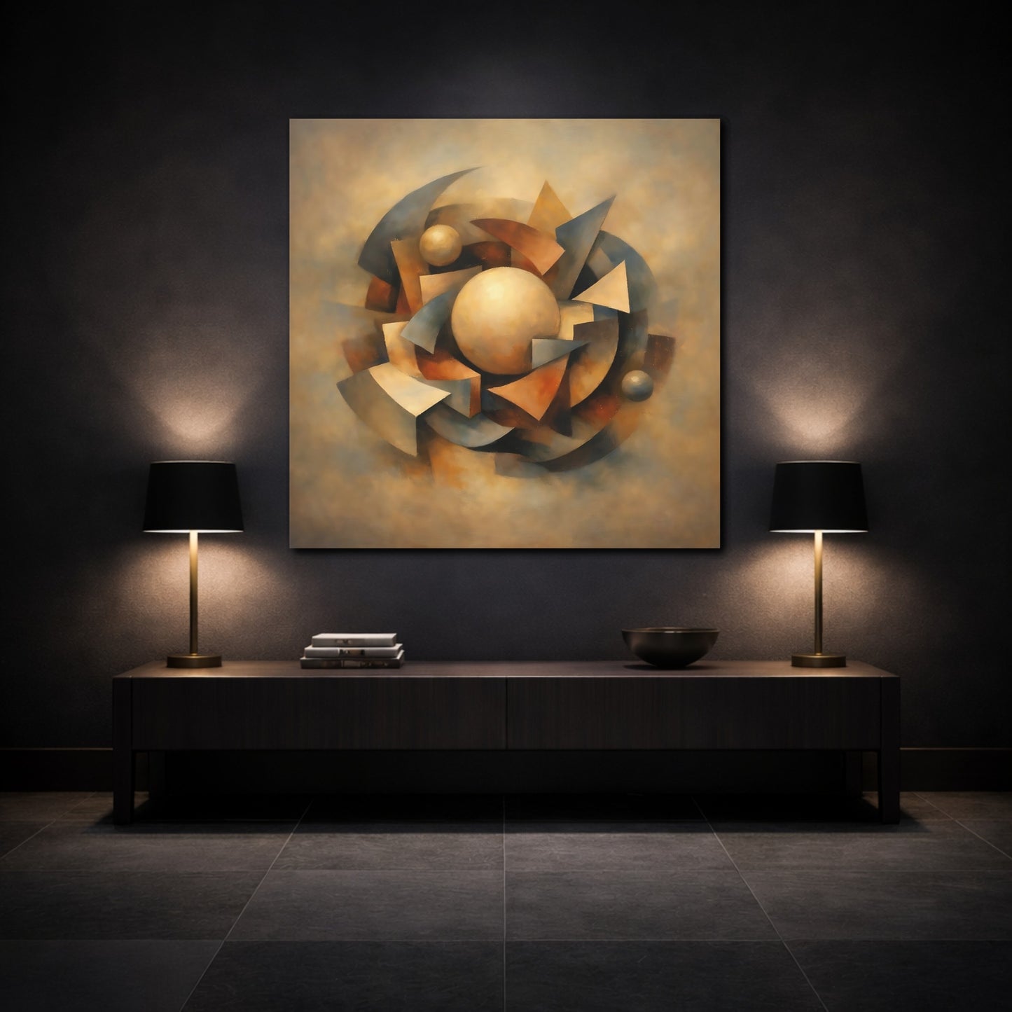 Mockup 3. Abstract Geometric Shapes Brown And Gray shown as stretched canvas wall art