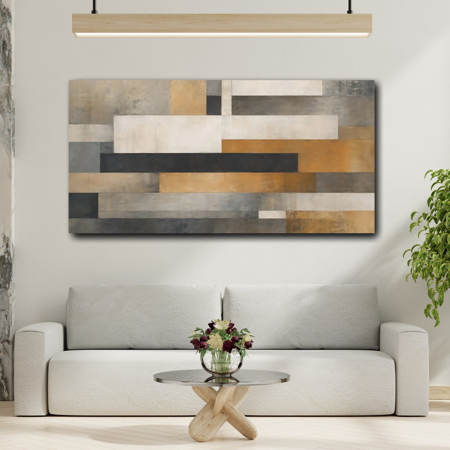 Mockup 3. Abstract Geometric Shapes Brown And Gray shown as stretched canvas wall art