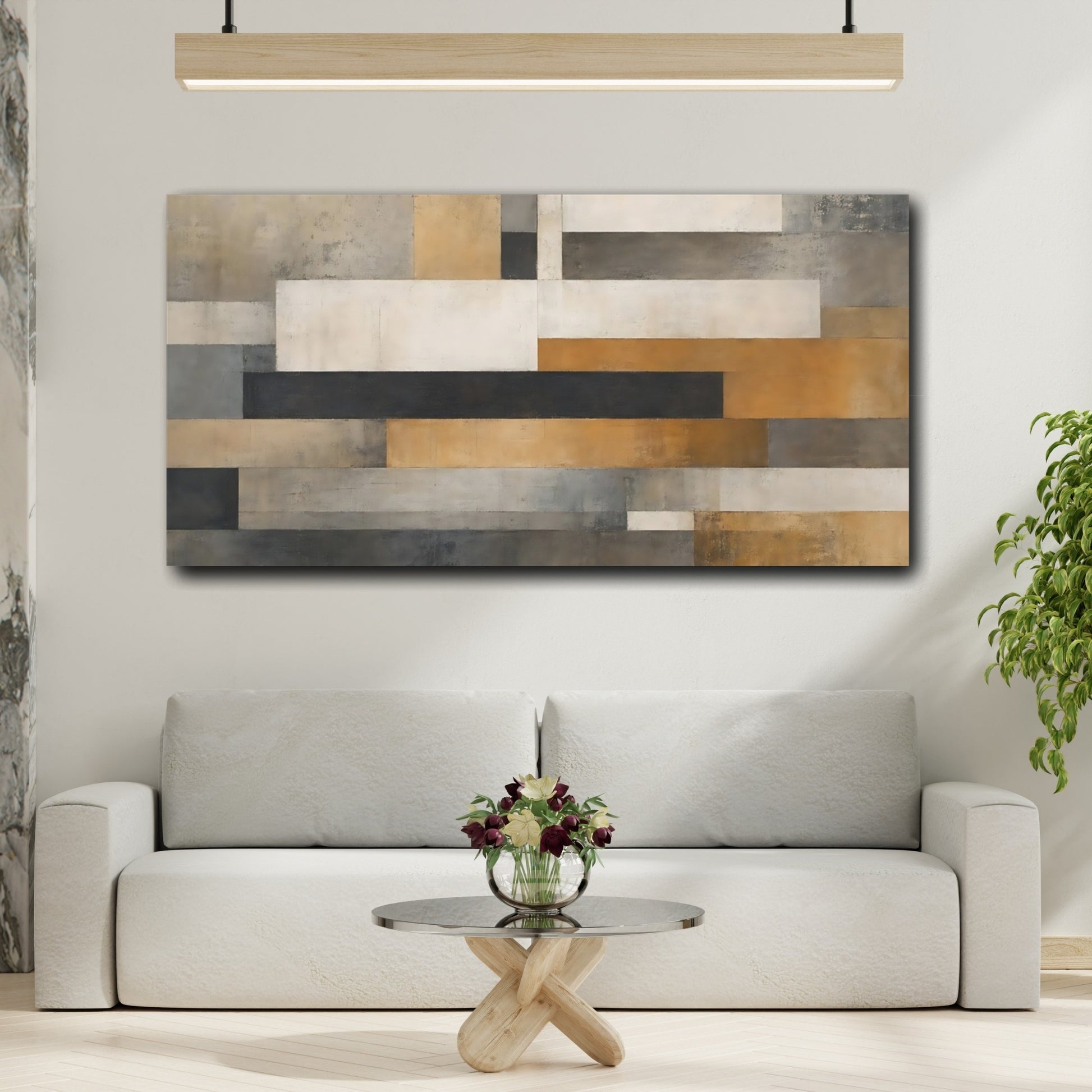 Mockup 3. Abstract Geometric Shapes Brown And Gray shown as stretched canvas wall art
