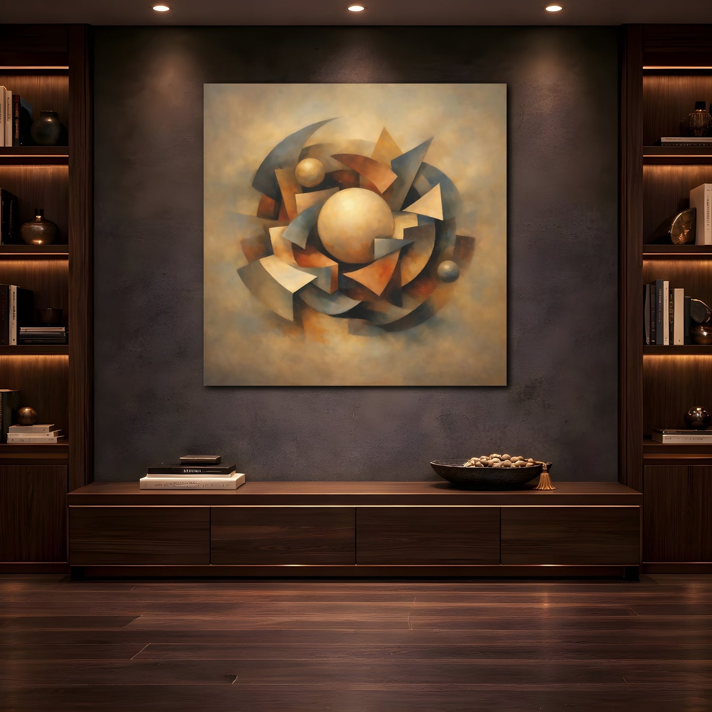 Mockup 4. Abstract Geometric Shapes Brown And Gray shown as stretched canvas wall art