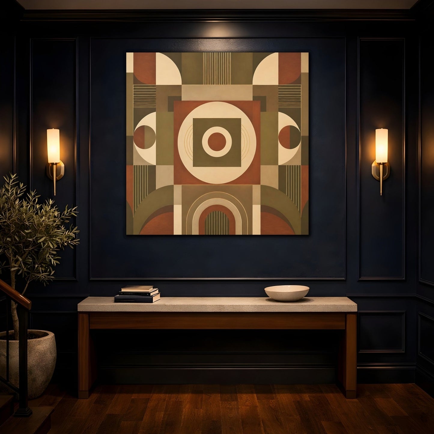 Abstract Geometric Shapes Brown And Green Canvas Print – Living Room, Above Console Table, Earthy Tones - YesArtYes