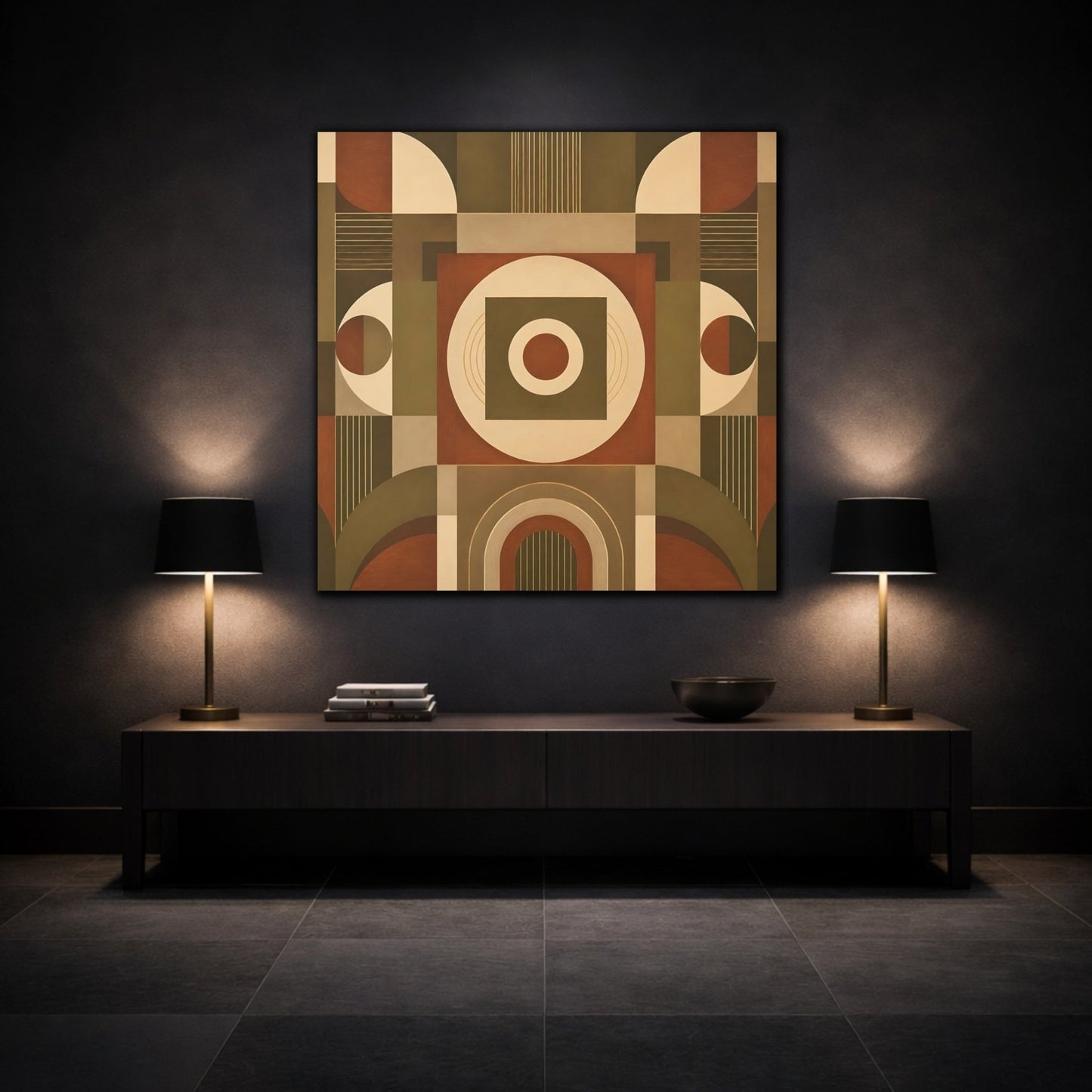 Abstract Geometric Shapes Brown And Green Canvas Print – Living Room, Above Console Table, Earthy Tones - YesArtYes