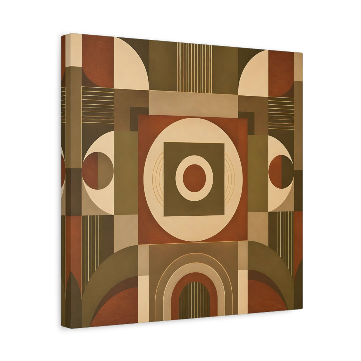 Side Mockup 6. Abstract Geometric Shapes Brown And Green shown as canvas print