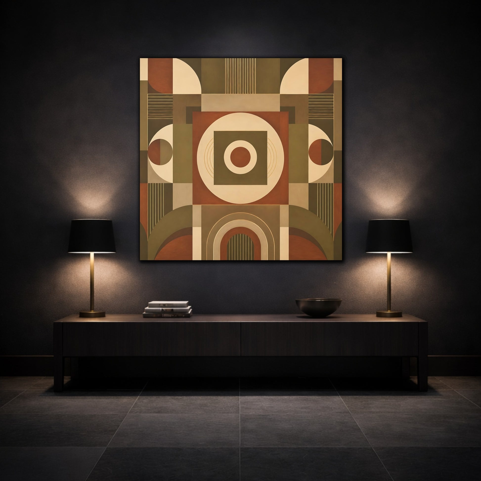 Mockup 3. Abstract Geometric Shapes Brown And Green shown as canvas print