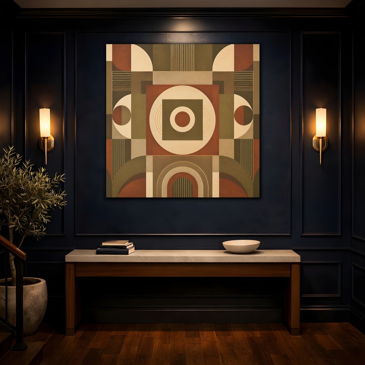 Mockup 4. Abstract Geometric Shapes Brown And Green shown as canvas print