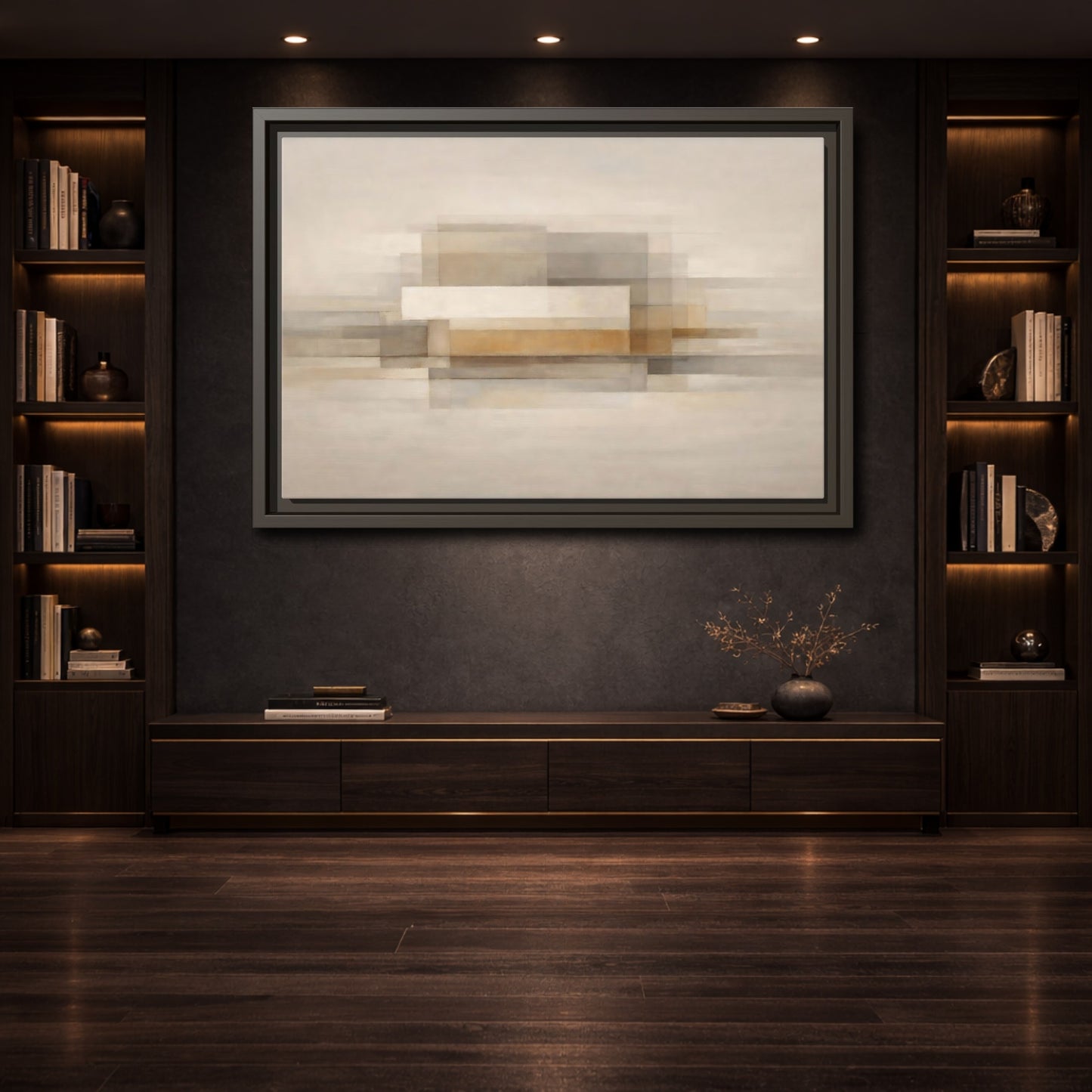 Mockup 3. Abstract Geometric Shapes Brown Beige Abstract shown as stretched canvas wall art