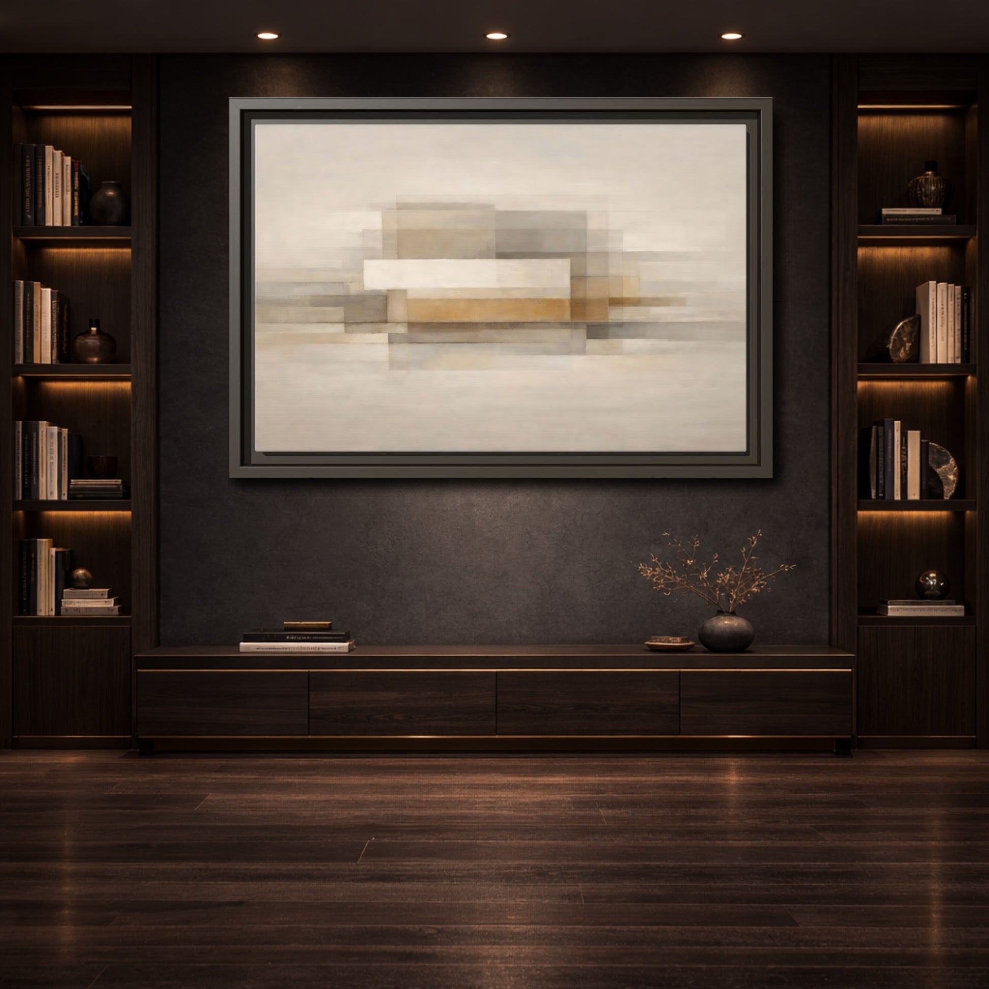 Mockup 3. Abstract Geometric Shapes Brown Beige Abstract shown as stretched canvas wall art
