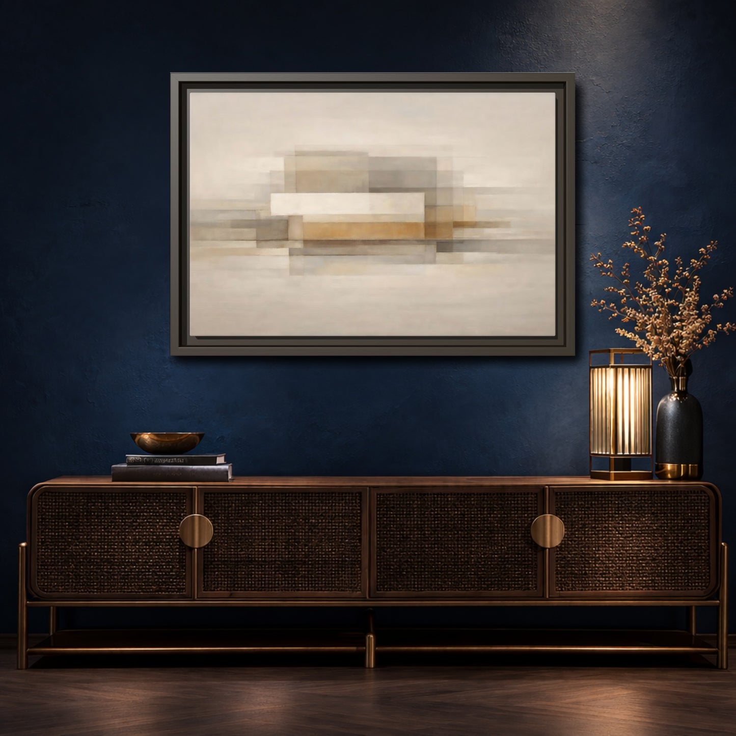 Mockup 4. Abstract Geometric Shapes Brown Beige Abstract shown as stretched canvas wall art