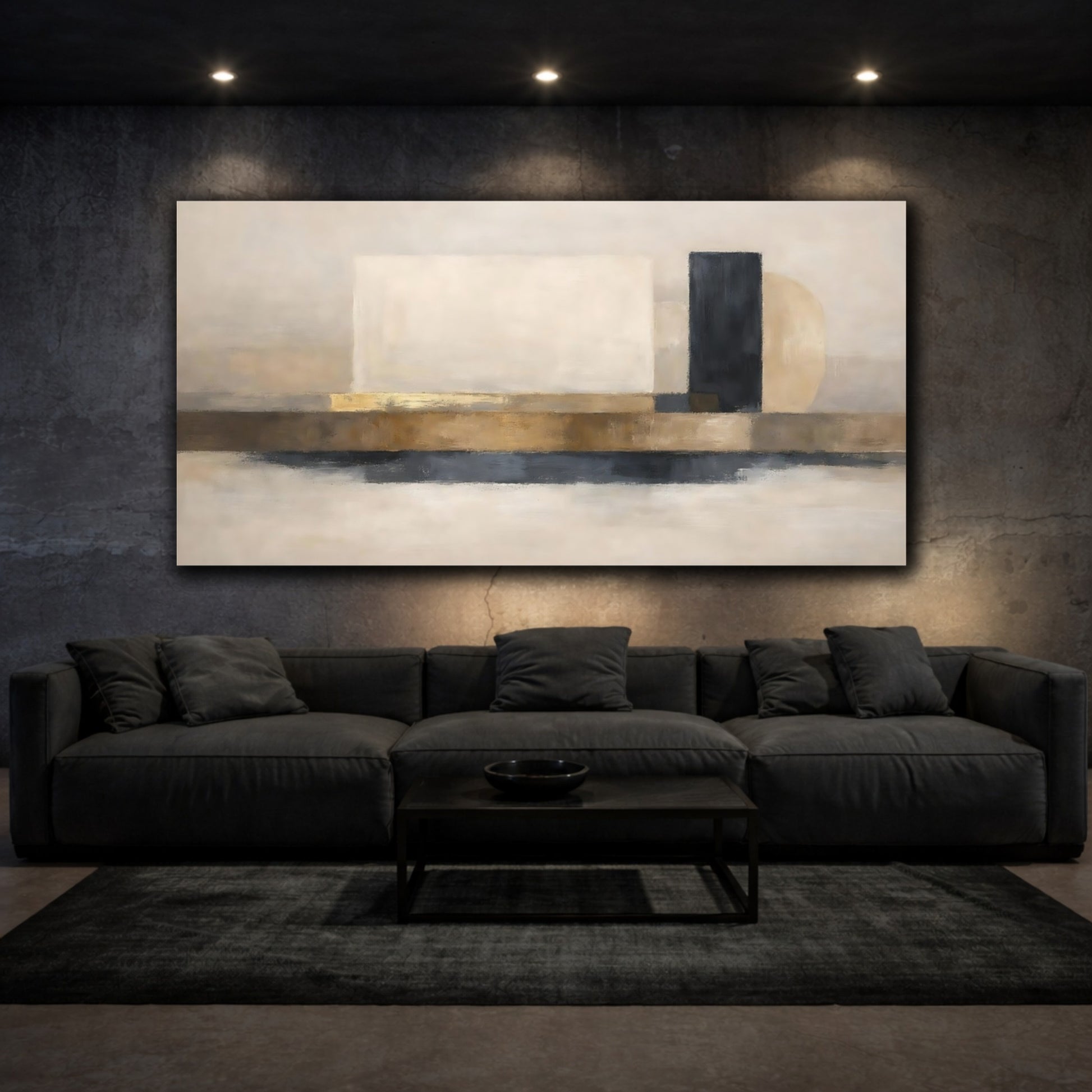 Mockup 2. Abstract Geometric Shapes Brown Black Gold Abstract shown as stretched canvas wall art