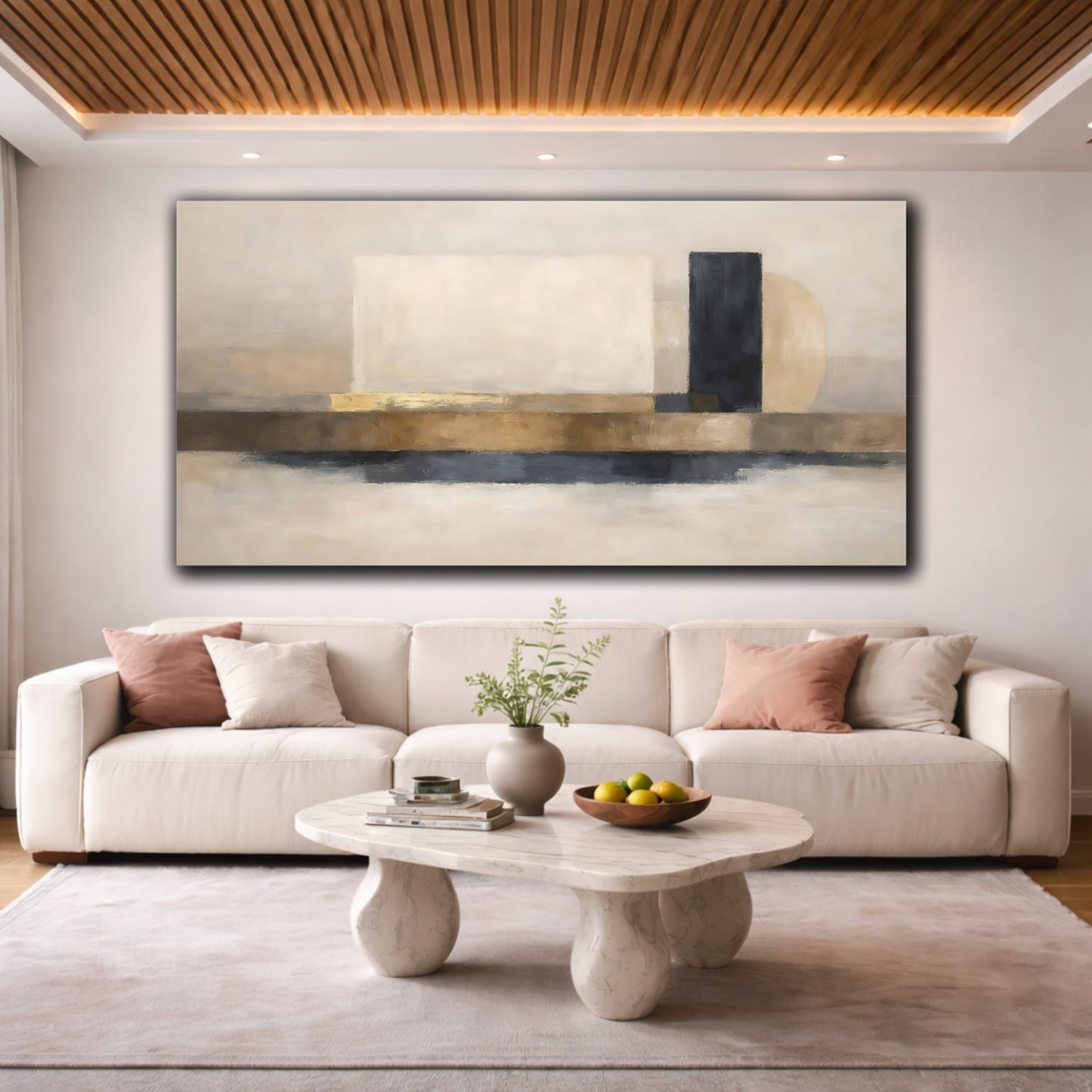 Mockup 3. Abstract Geometric Shapes Brown Black Gold Abstract shown as stretched canvas wall art