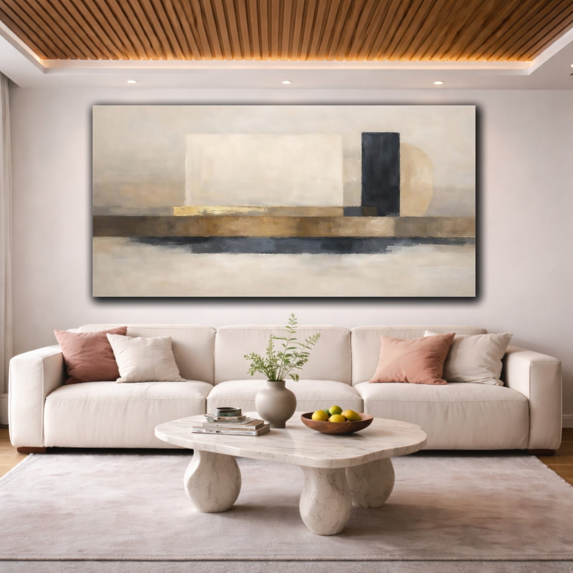 Mockup 3. Abstract Geometric Shapes Brown Black Gold Abstract shown as stretched canvas wall art