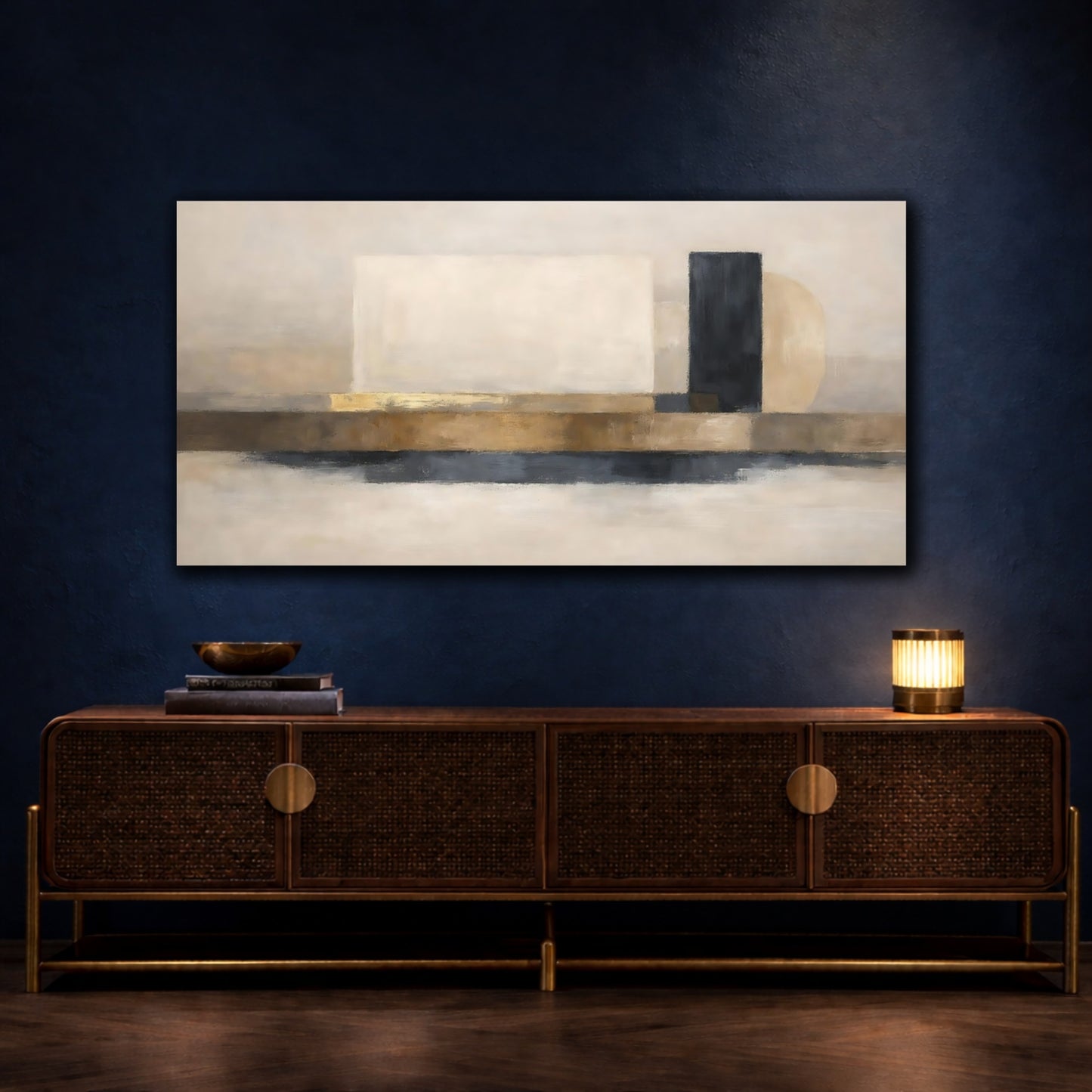 Mockup 4. Abstract Geometric Shapes Brown Black Gold Abstract shown as stretched canvas wall art