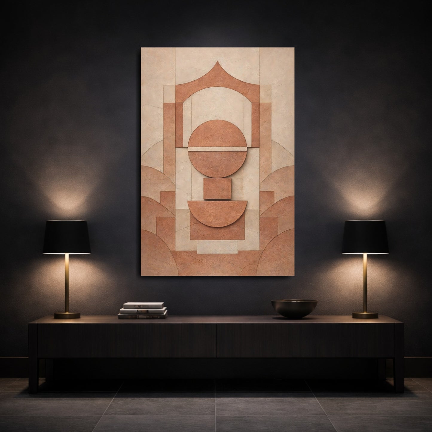 Mockup 2. Abstract Geometric Shapes Brown Geometric Abstract shown as stretched canvas wall art