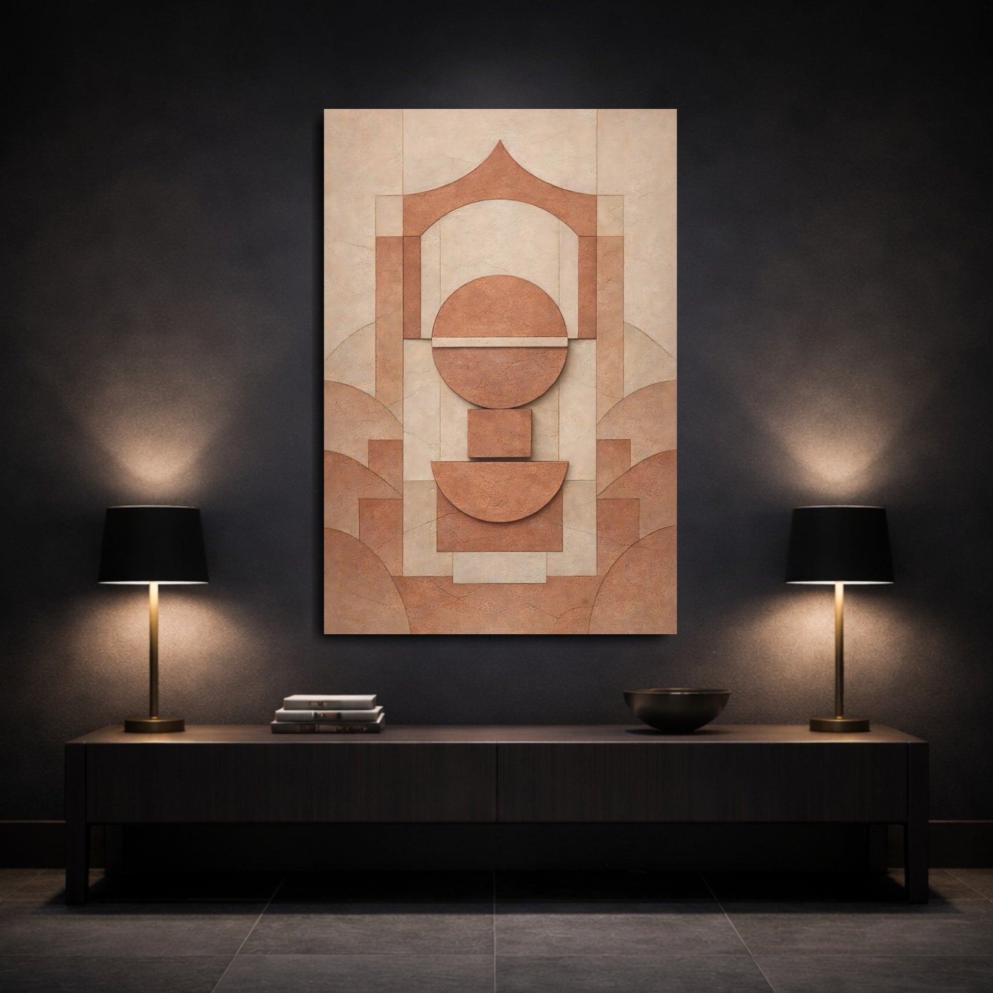 Mockup 2. Abstract Geometric Shapes Brown Geometric Abstract shown as stretched canvas wall art