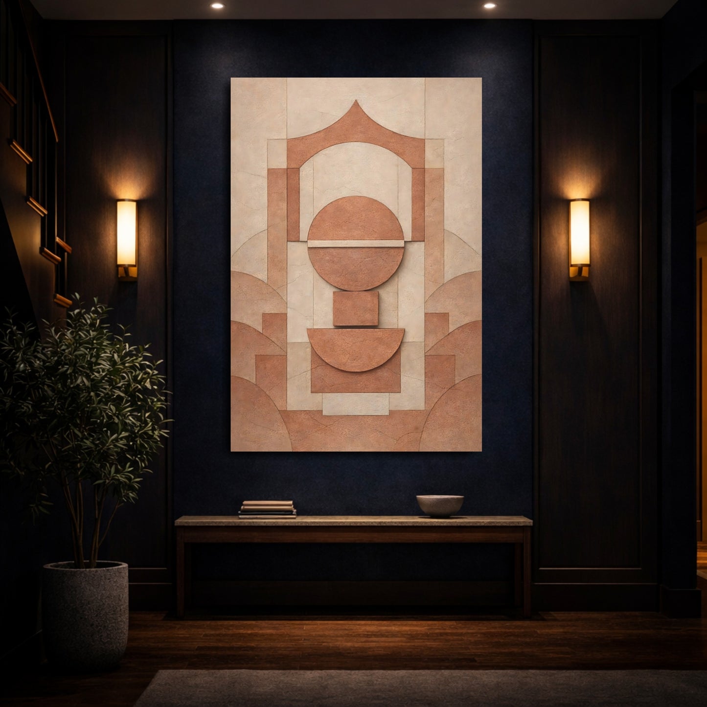 Mockup 3. Abstract Geometric Shapes Brown Geometric Abstract shown as stretched canvas wall art
