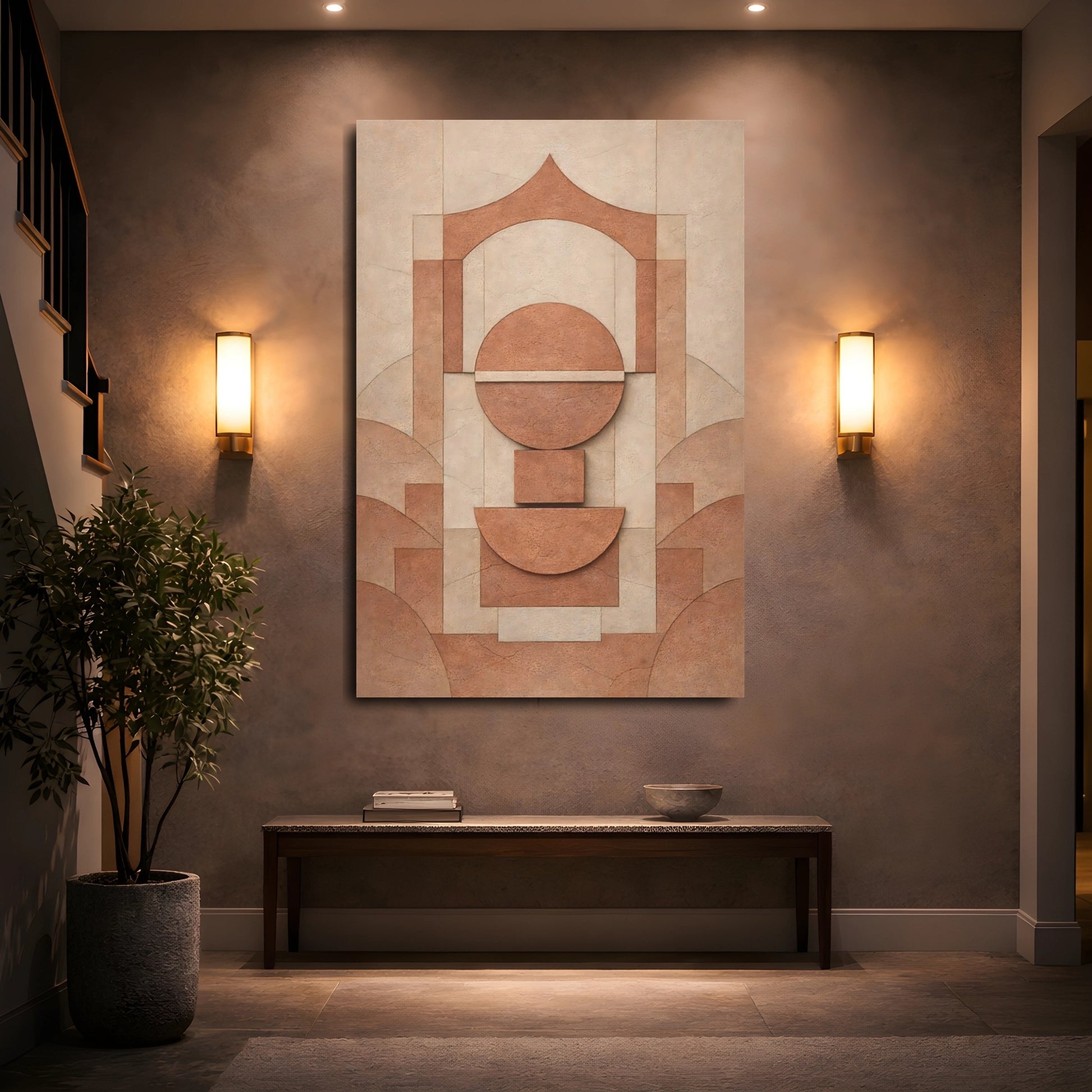 Mockup 4. Abstract Geometric Shapes Brown Geometric Abstract shown as stretched canvas wall art