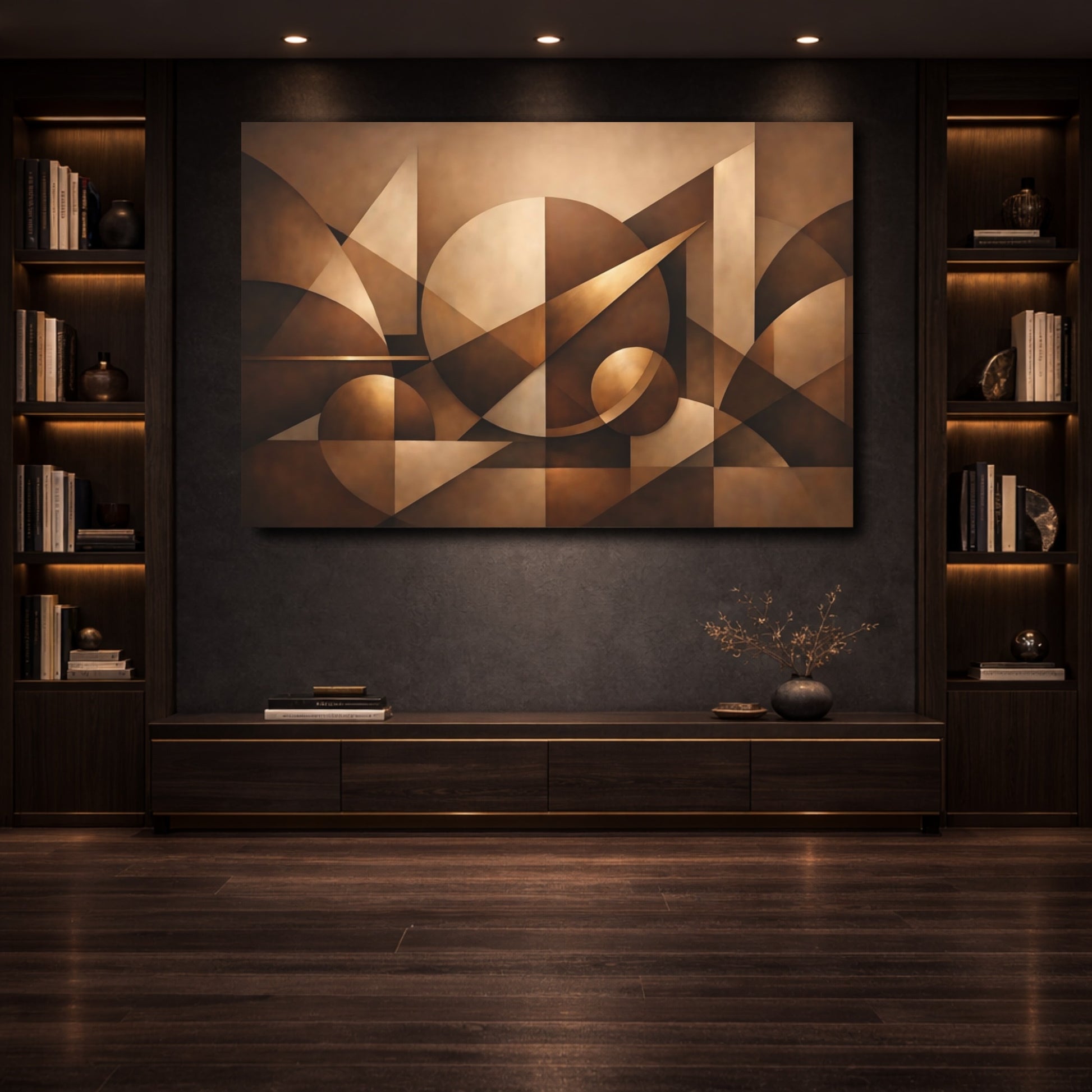 Mockup 3. Abstract Geometric Shapes Brown Geometric shown as stretched canvas wall art