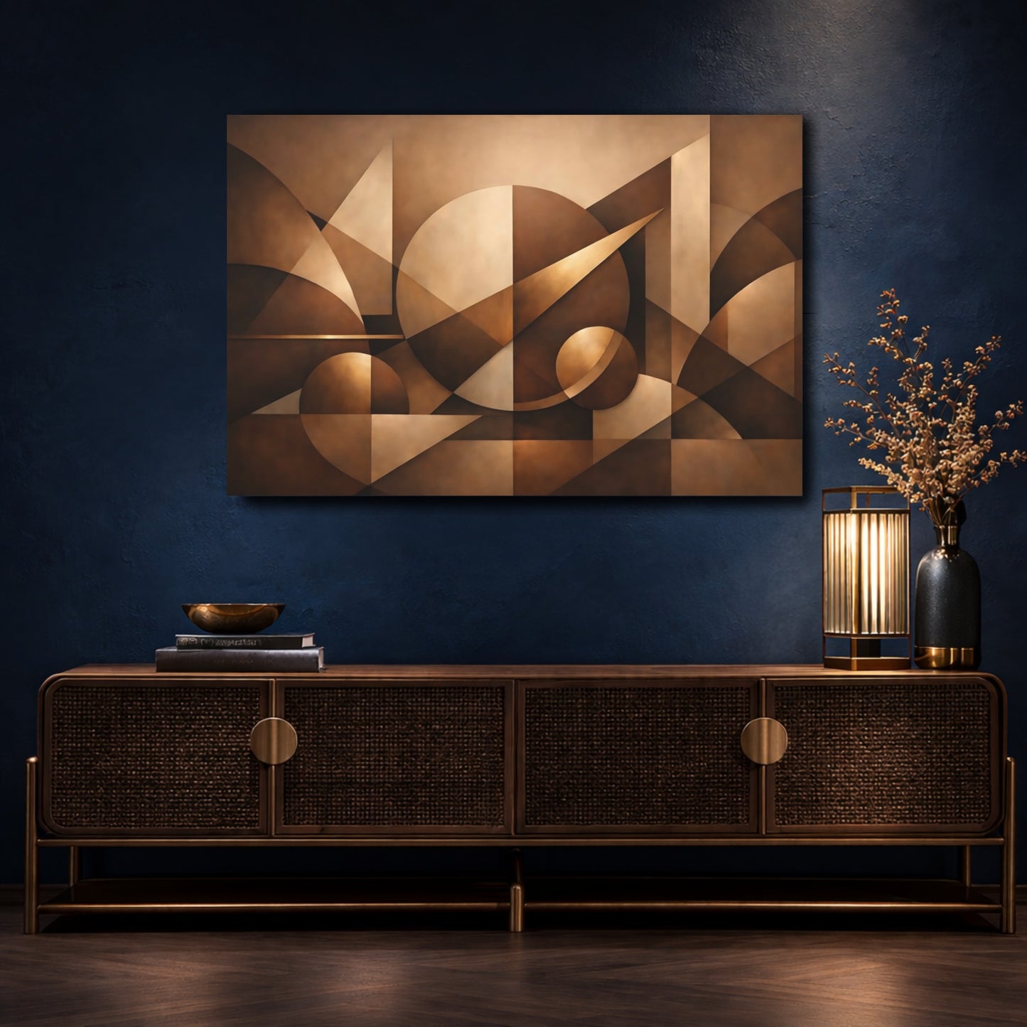 Mockup 4. Abstract Geometric Shapes Brown Geometric shown as stretched canvas wall art