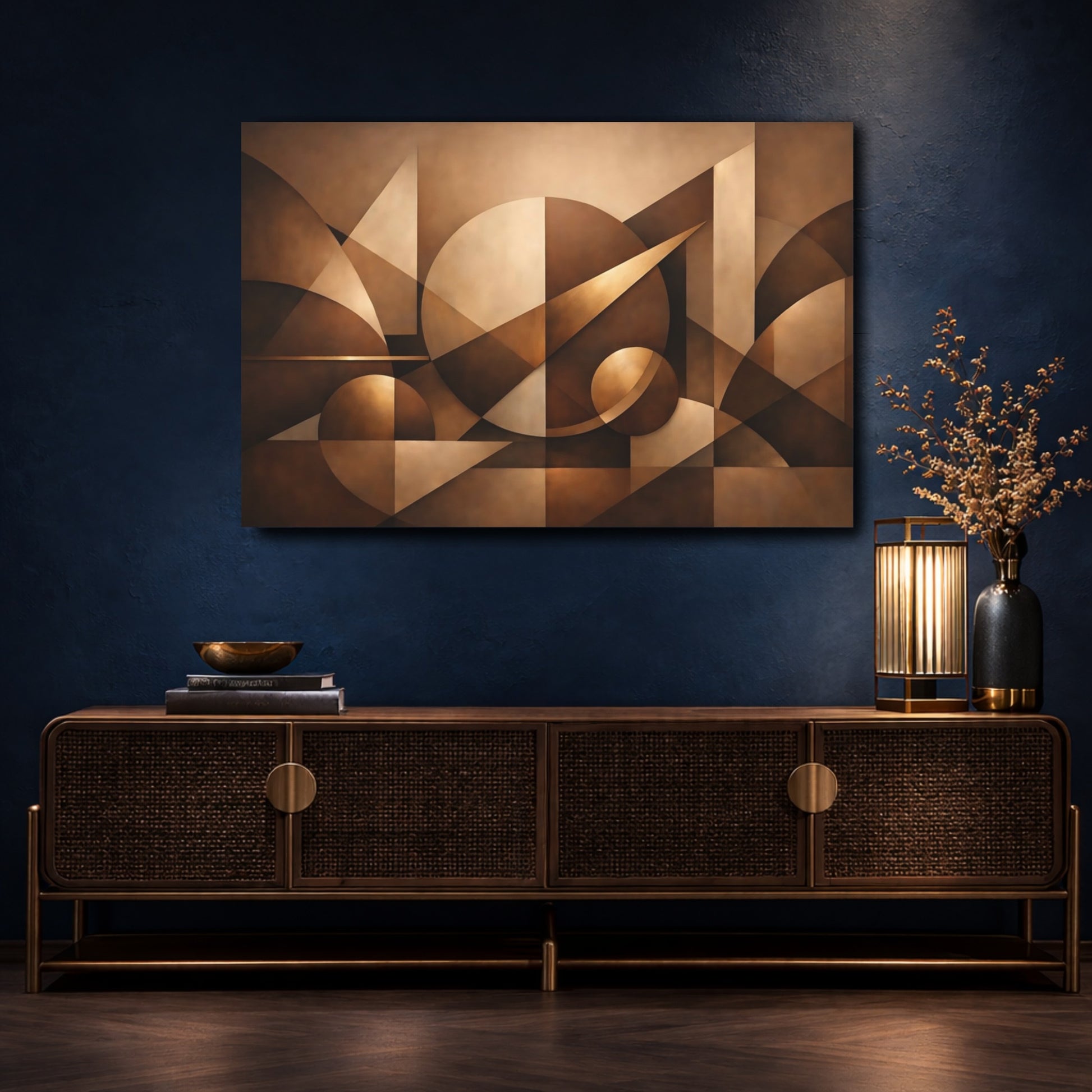 Mockup 4. Abstract Geometric Shapes Brown Geometric shown as stretched canvas wall art