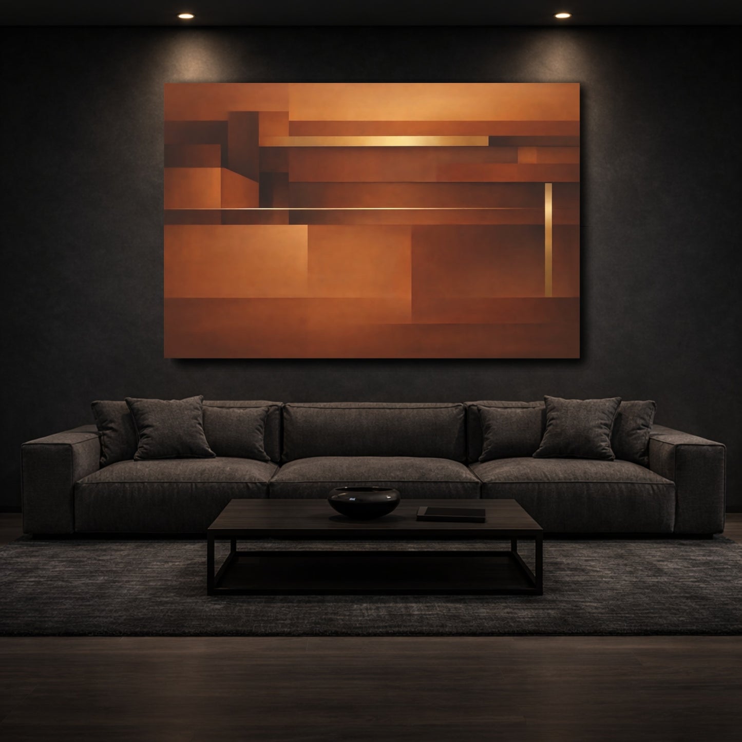 Mockup 2. Abstract Geometric Shapes Brown Gold Abstract shown as stretched canvas wall art