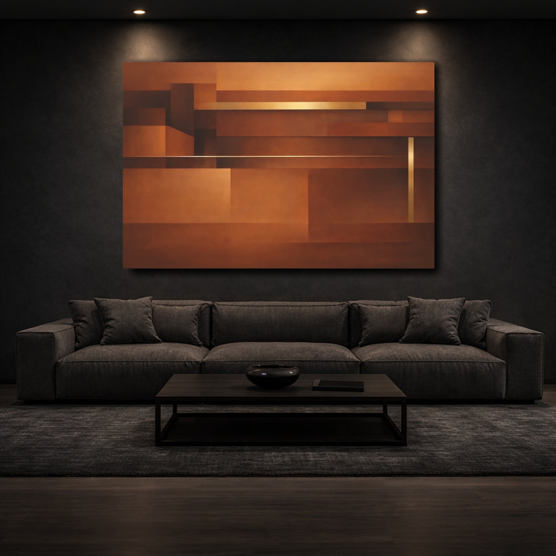 Mockup 2. Abstract Geometric Shapes Brown Gold Abstract shown as stretched canvas wall art